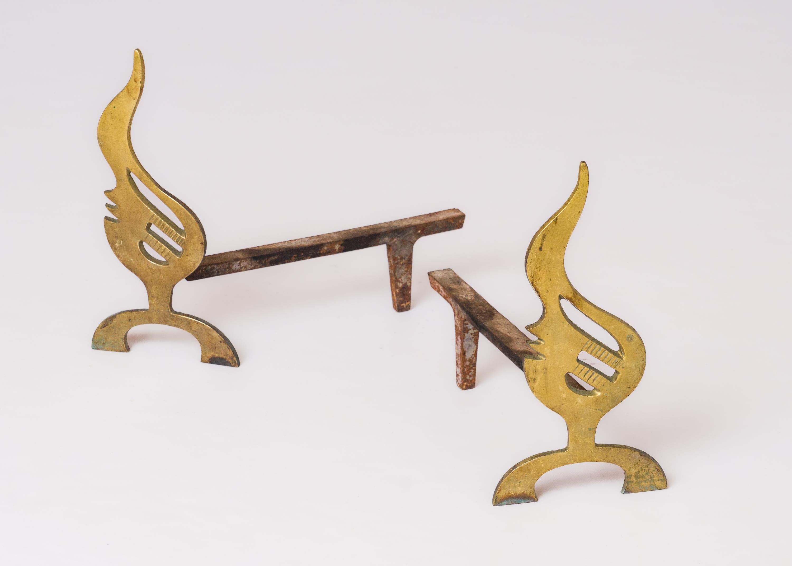 Mid-Century Modern Pair of French 1970s Flame-Shaped Solid Bronze Andirons For Sale