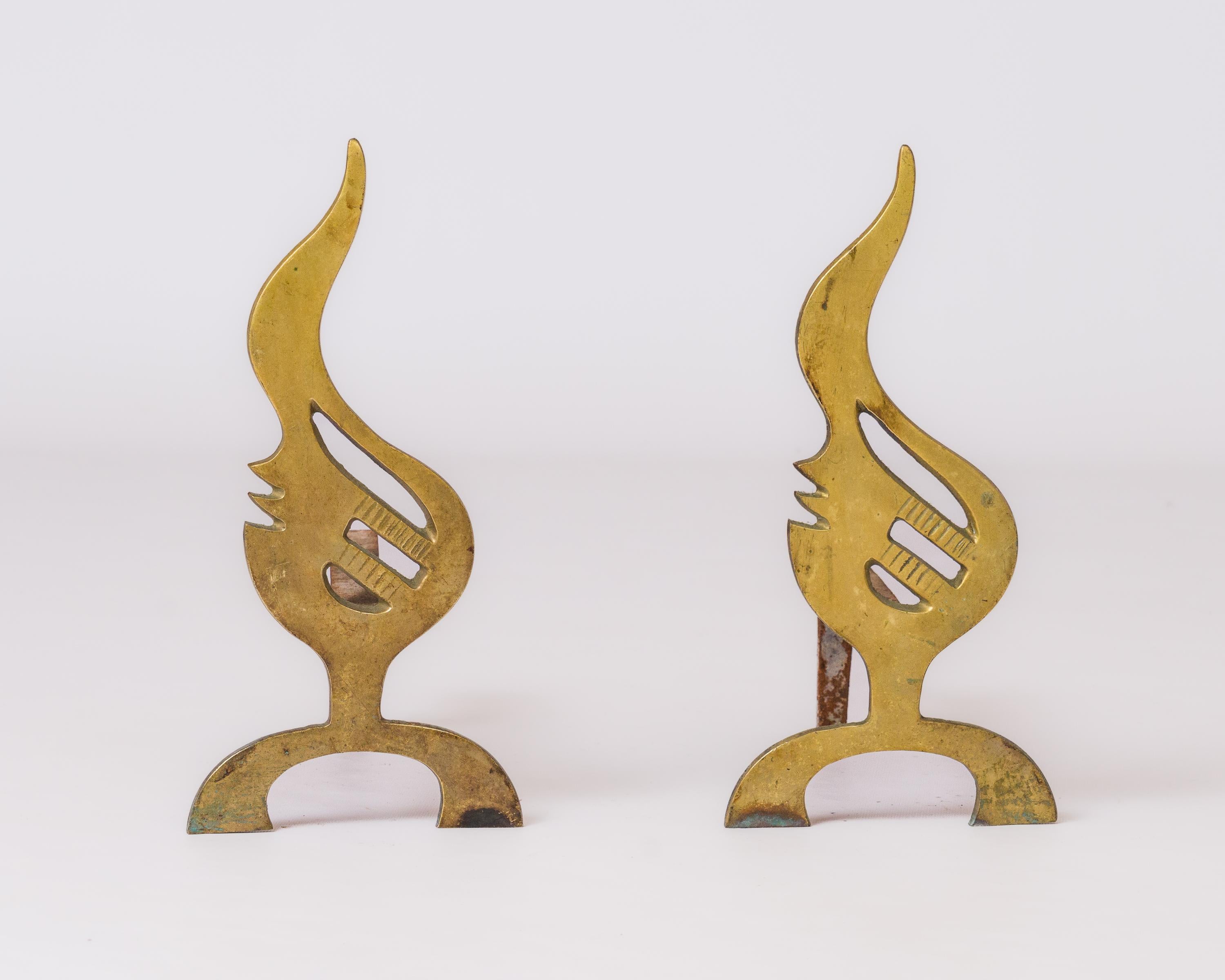 Pair of French 1970s Flame-Shaped Solid Bronze Andirons In Good Condition For Sale In Chicago, IL