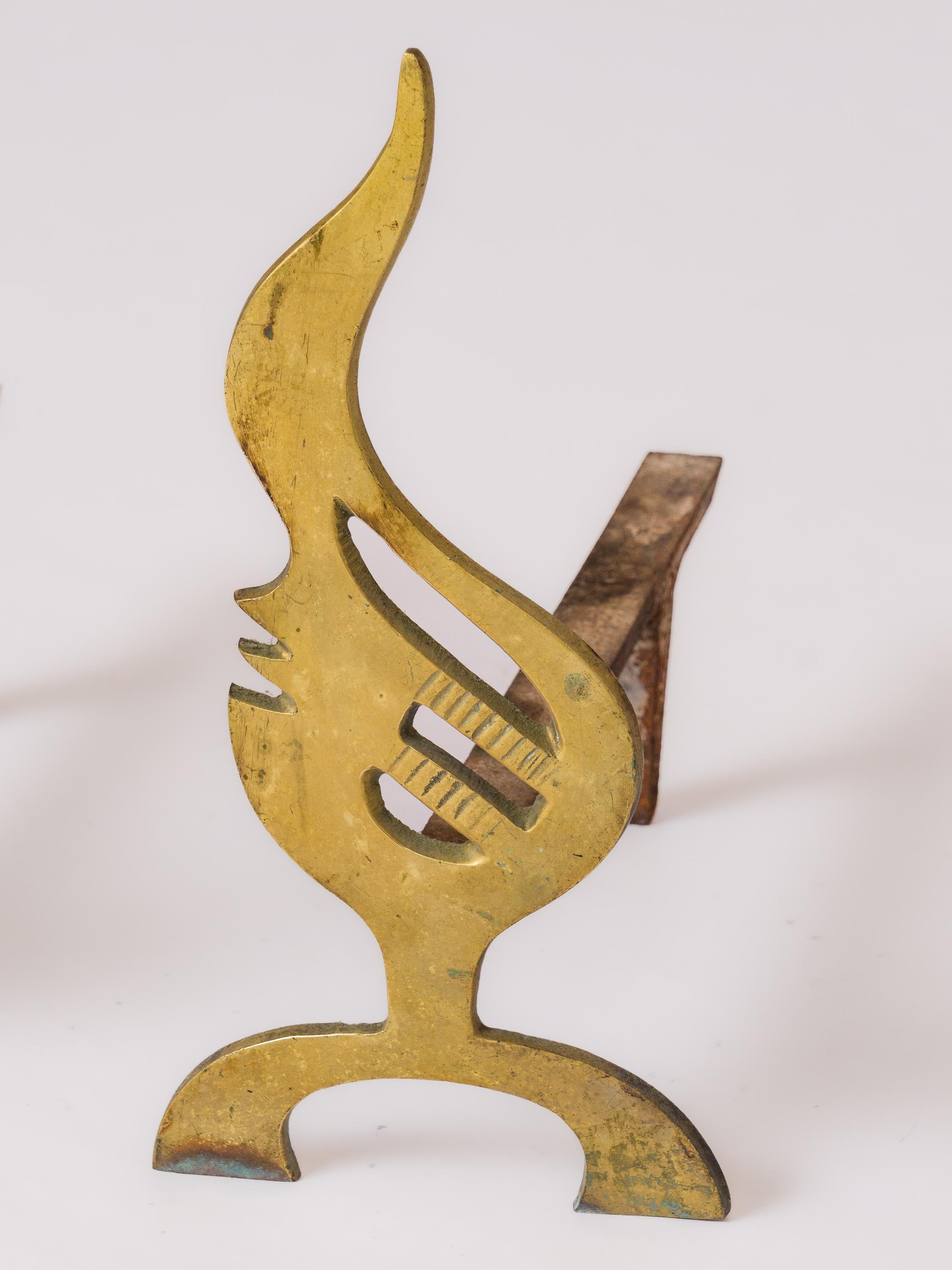 Pair of French 1970s Flame-Shaped Solid Bronze Andirons For Sale 1