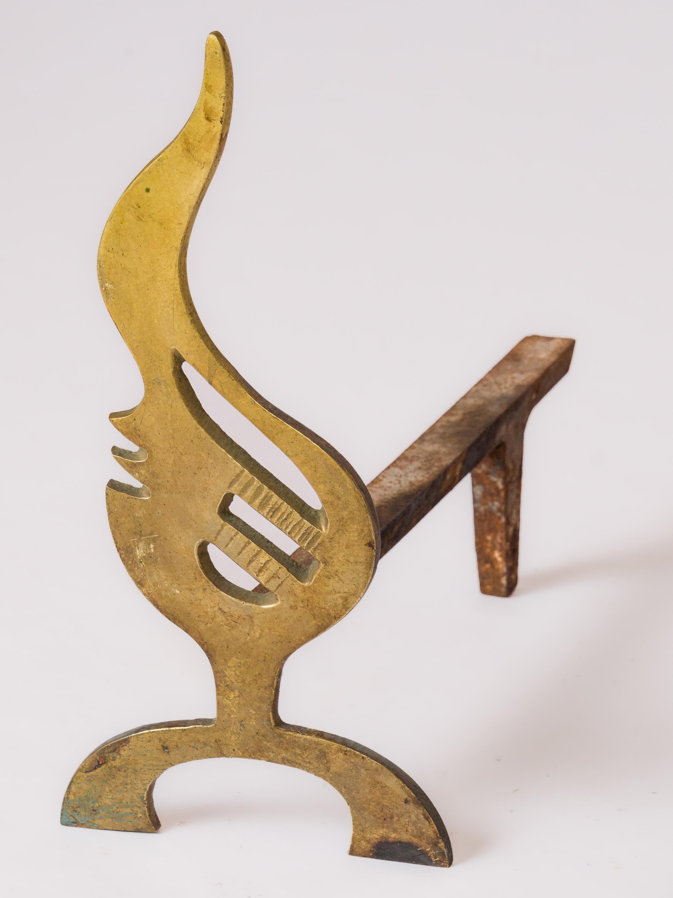 Pair of French 1970s Flame-Shaped Solid Bronze Andirons For Sale 2