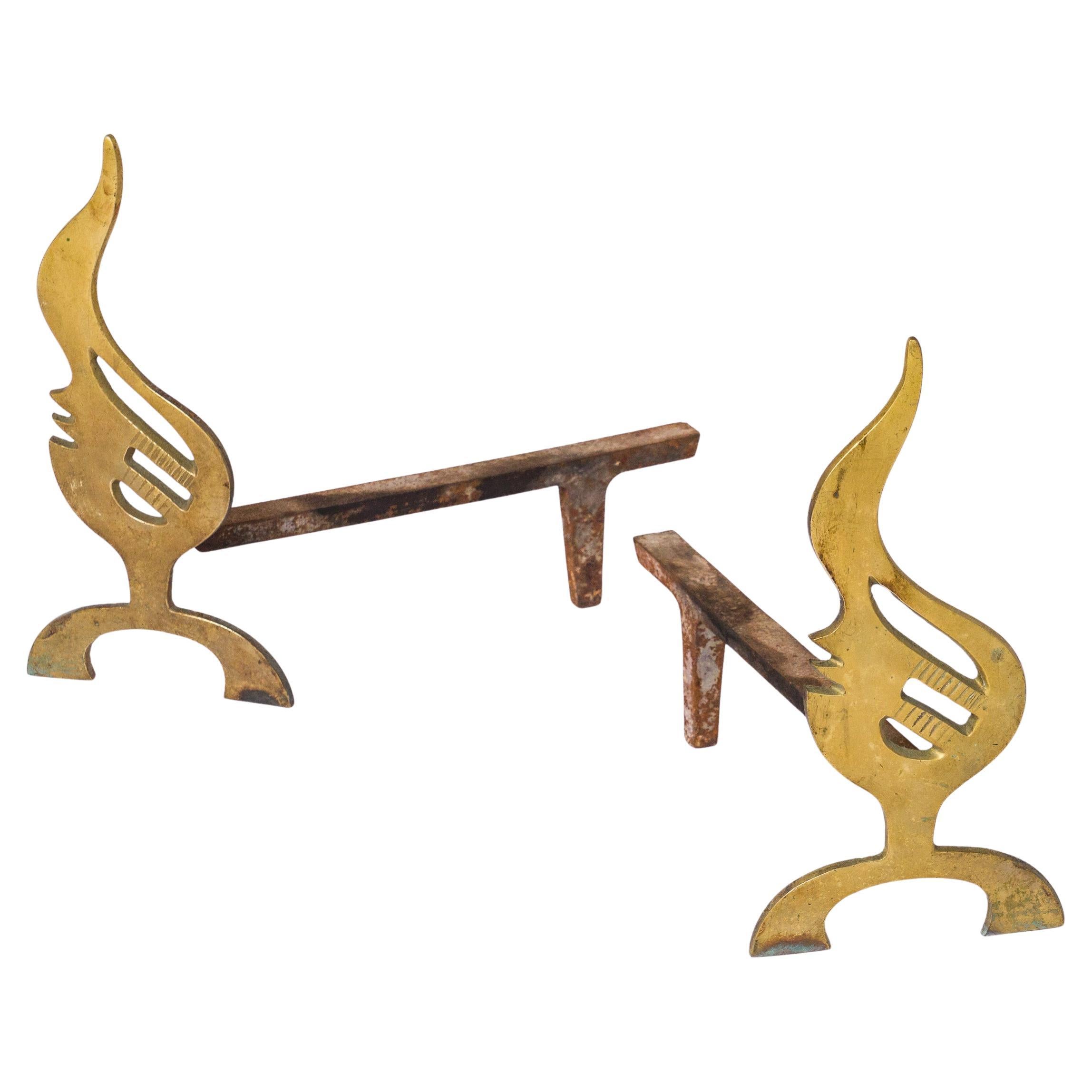 Paar französische flammenförmige Andirons aus massiver Bronze der 1970er Jahre