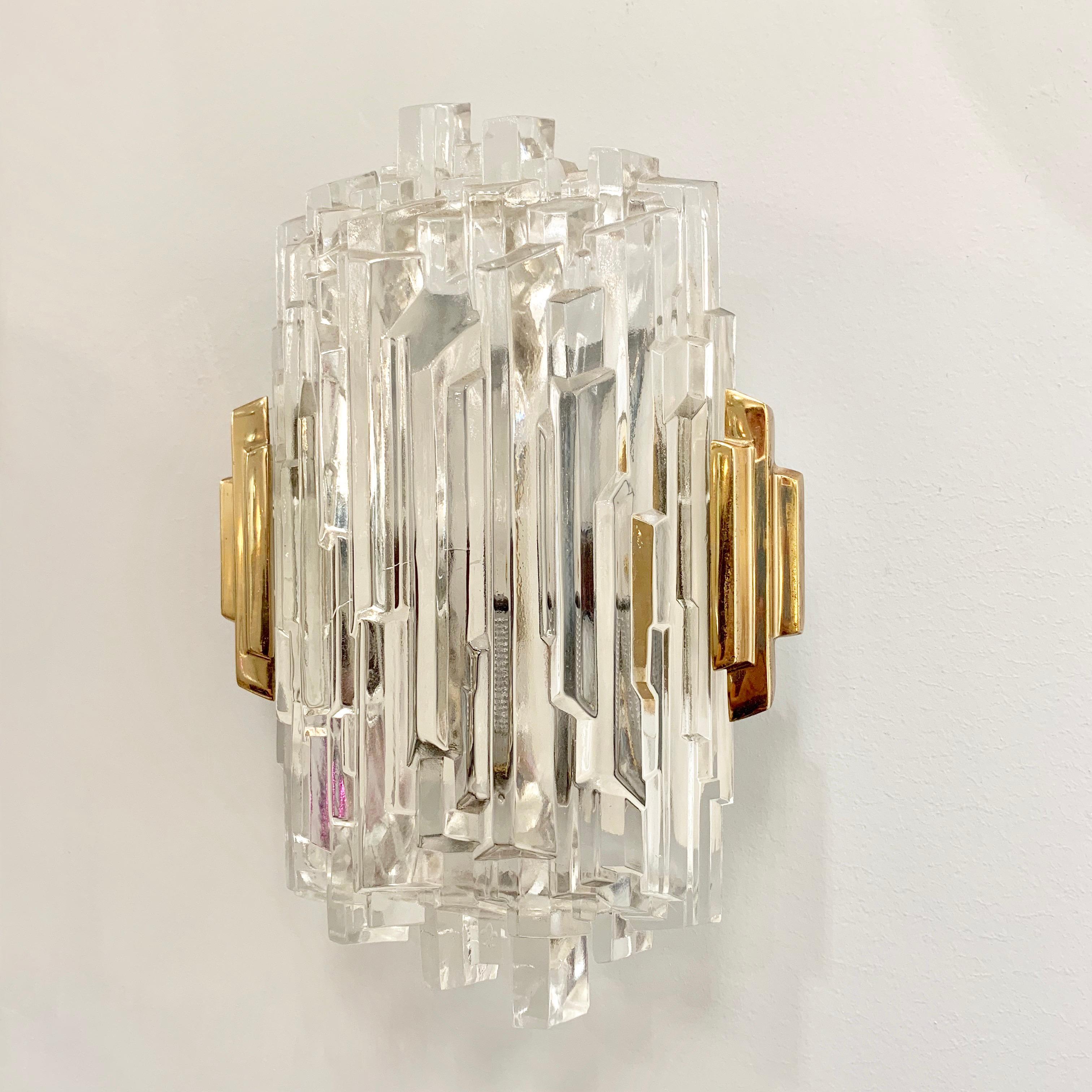 Brass Pair of French 1970s Ice Crystal Wall Lights