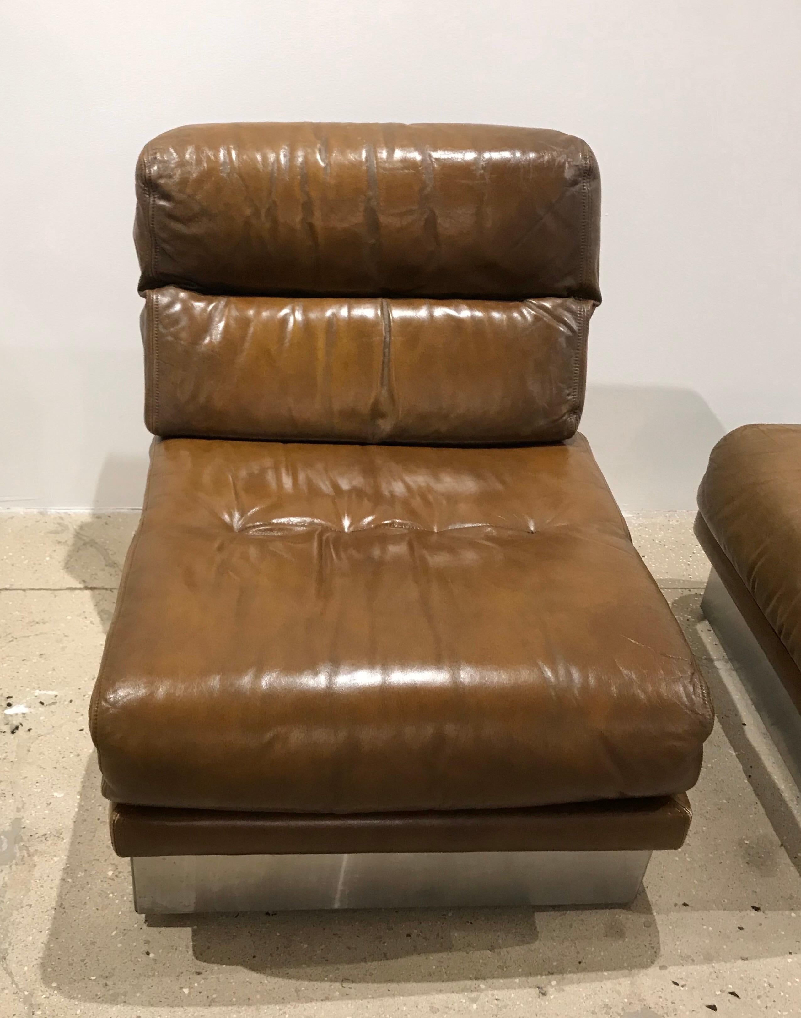 Late 20th Century Pair of French 1970s Jacques Charpentier Leather Lounge Chairs