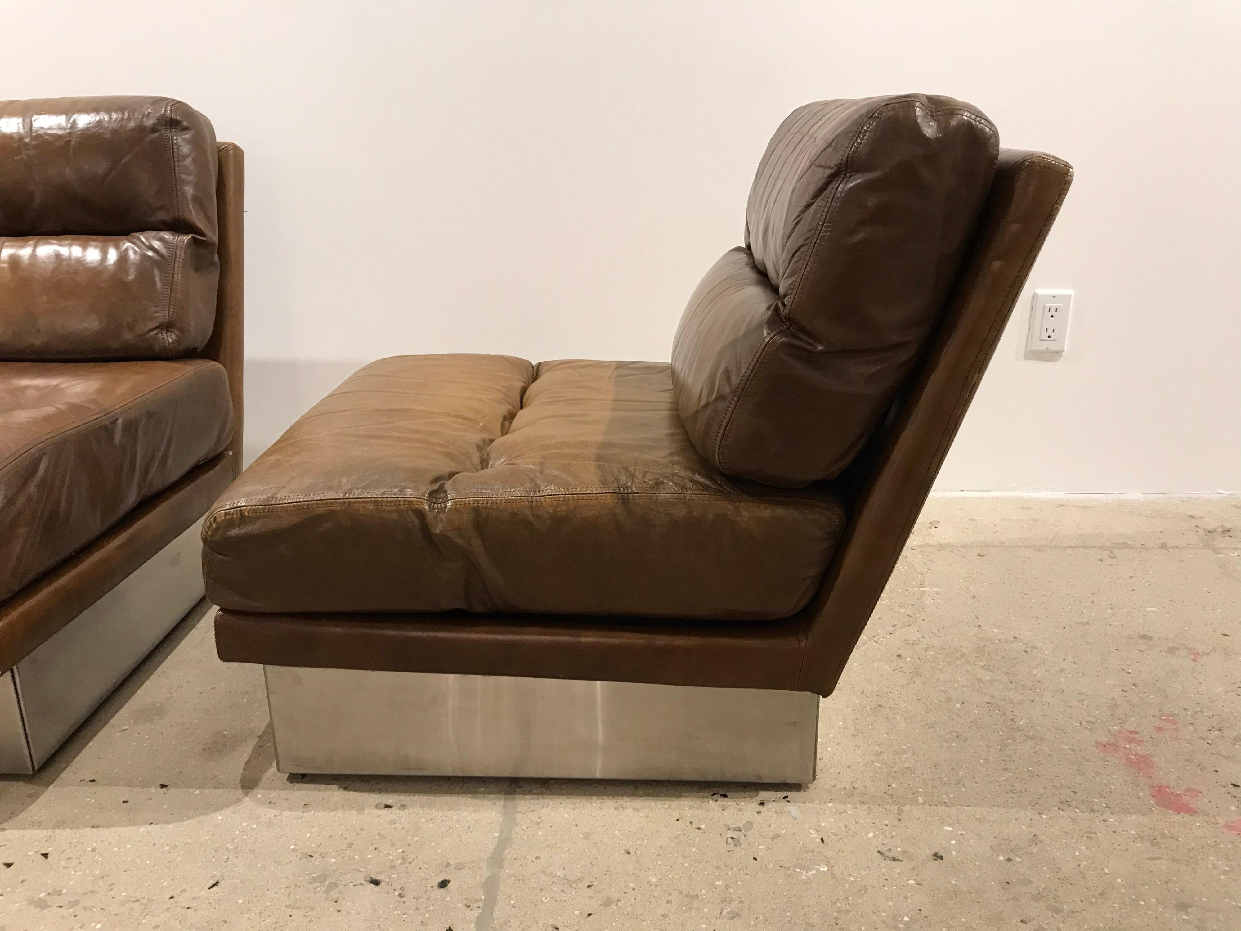 Pair of French 1970s Jacques Charpentier Leather Lounge Chairs 1