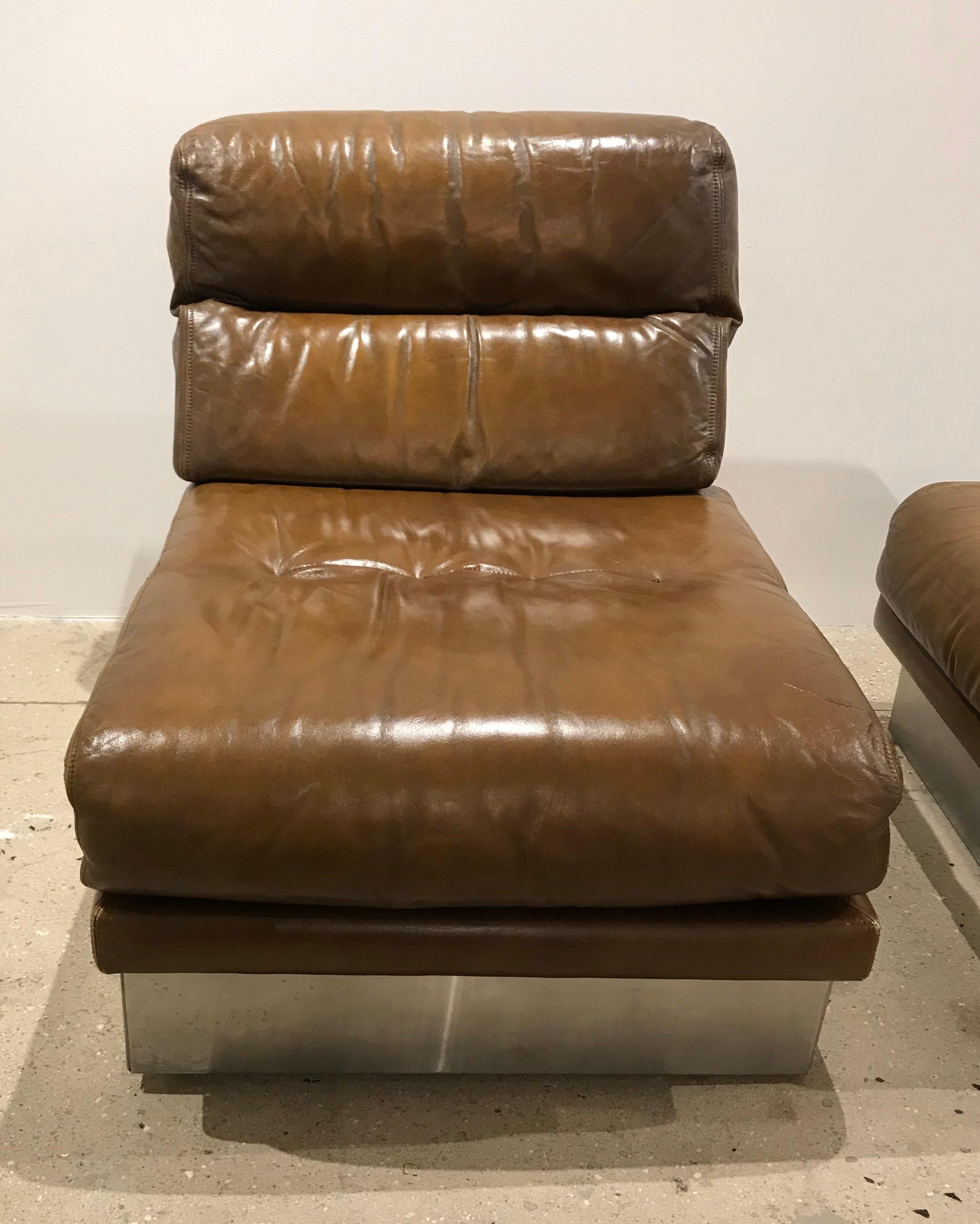 Pair of French 1970s Jacques Charpentier Leather Lounge Chairs 2