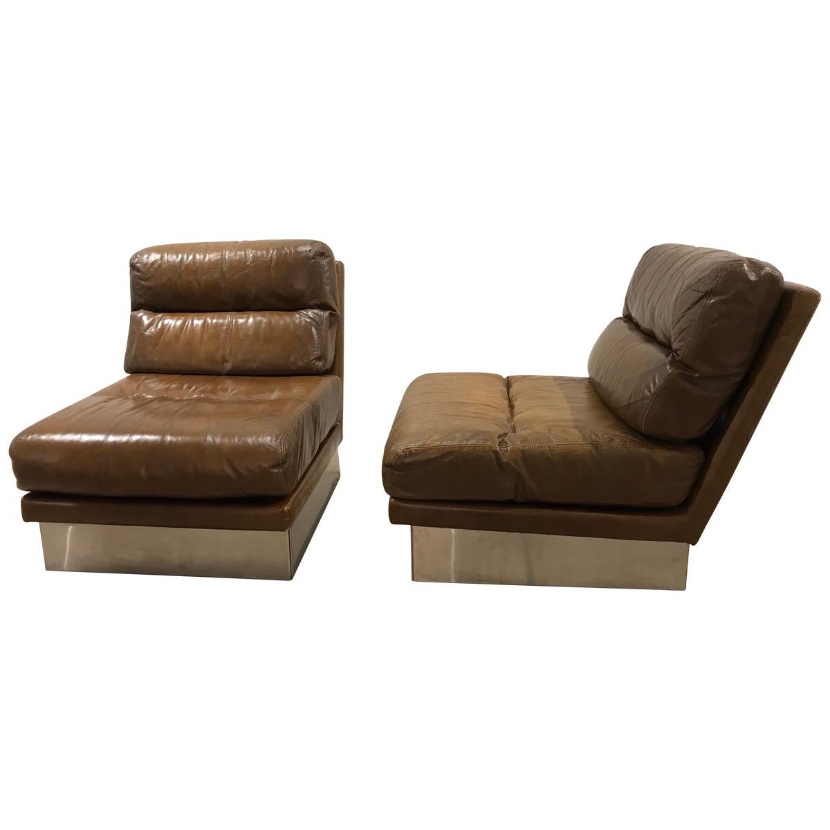 Pair of French 1970s Jacques Charpentier Leather Lounge Chairs