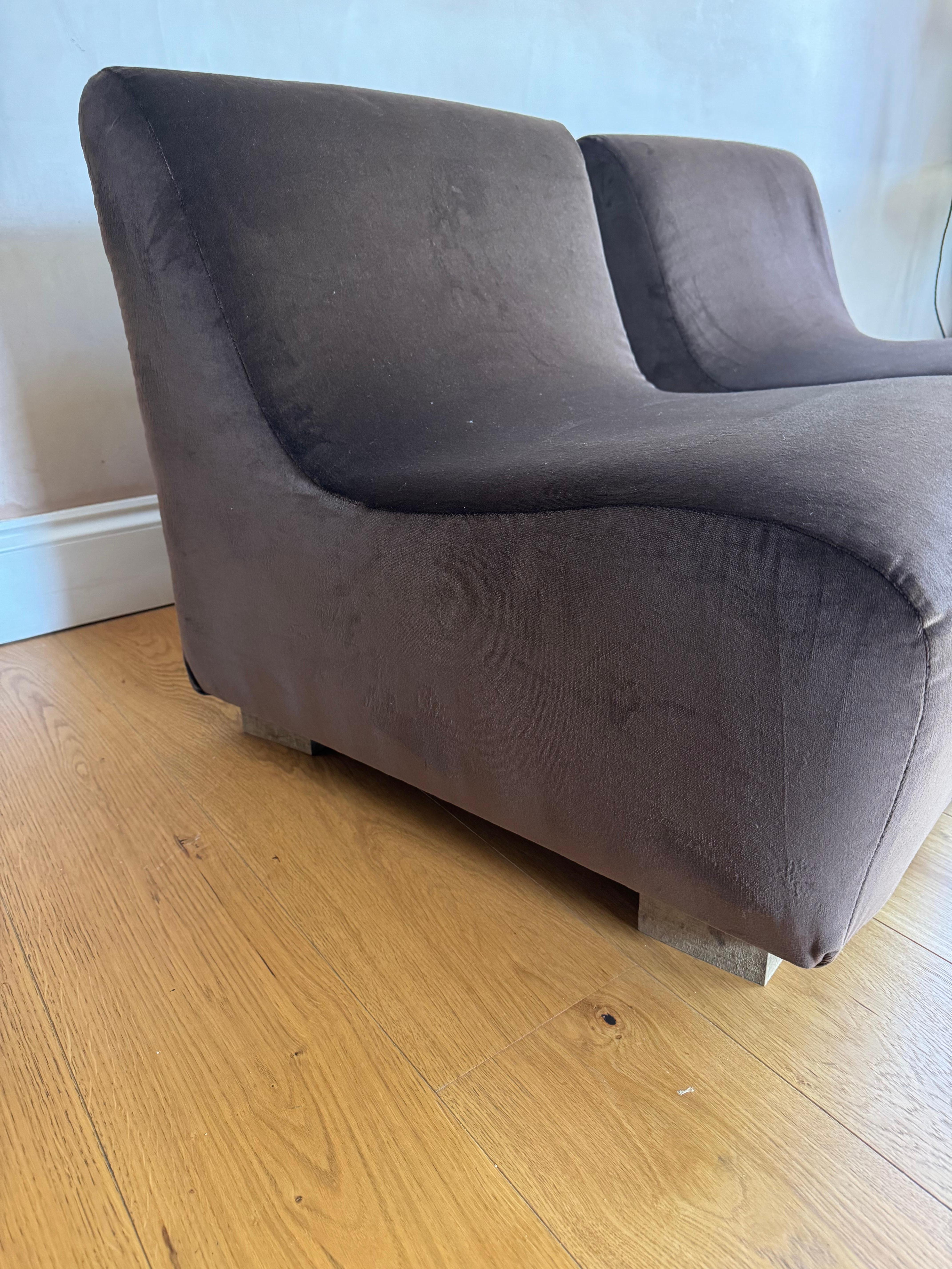 Velvet Pair of French 1970’s low slipper chairs For Sale