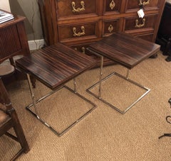 Pair of French 1970s Square Macassar and Chrome Side Tables