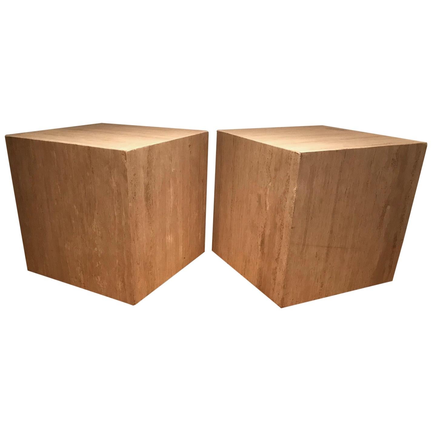 Pair of French 1970s Travertine Tables For Sale