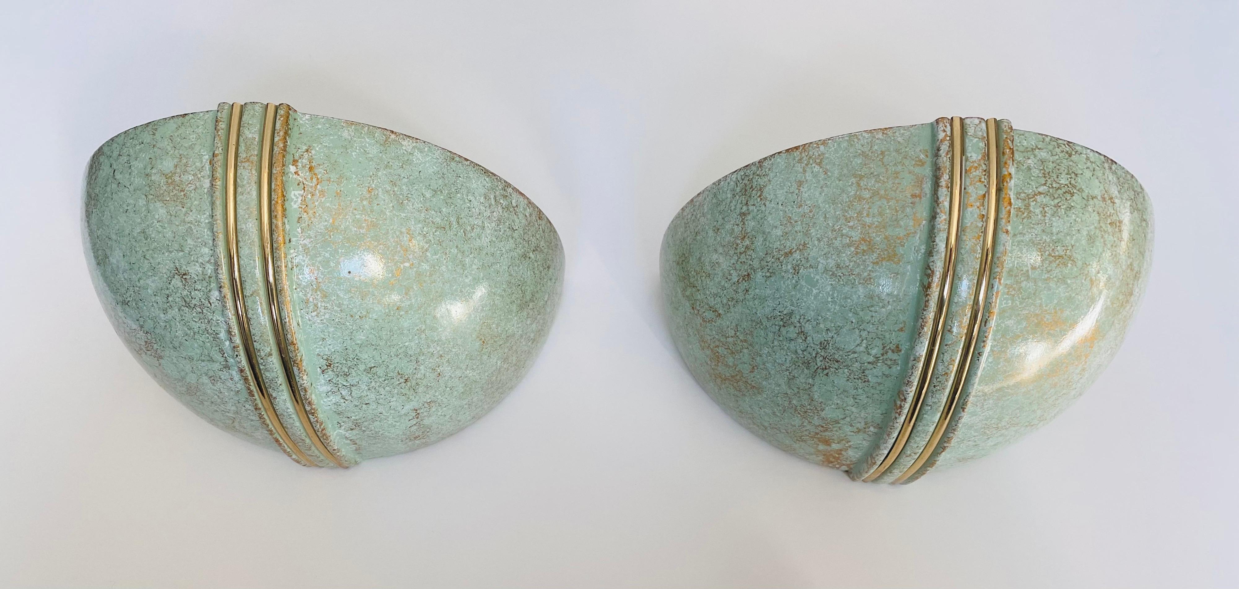 Pair of French 1980s Ceramic Verdigris Demilune Wall Lights Uplight Sconces For Sale 6
