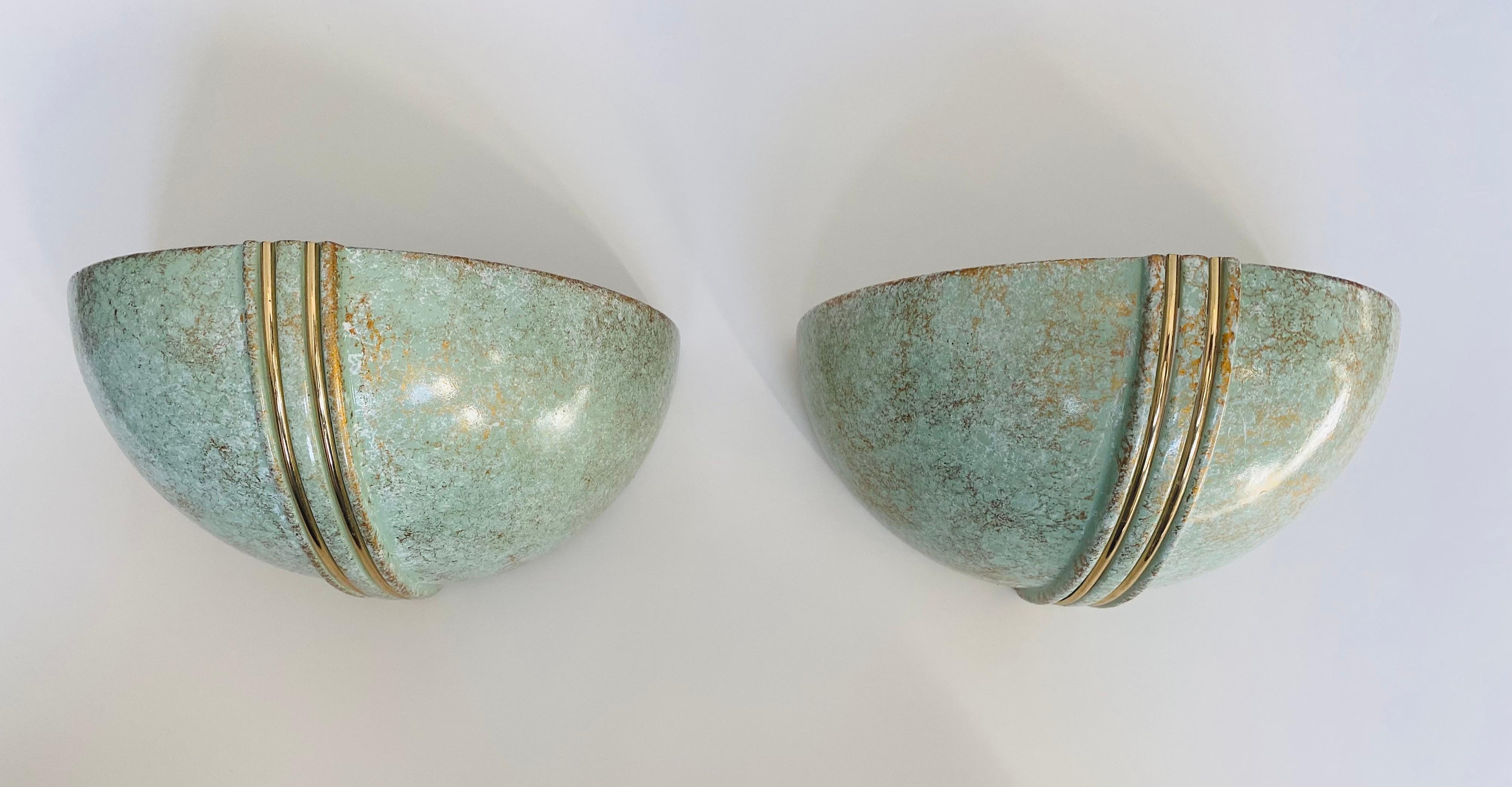 Pair of French 1980s Ceramic Verdigris Demilune Wall Lights Uplight Sconces For Sale 7