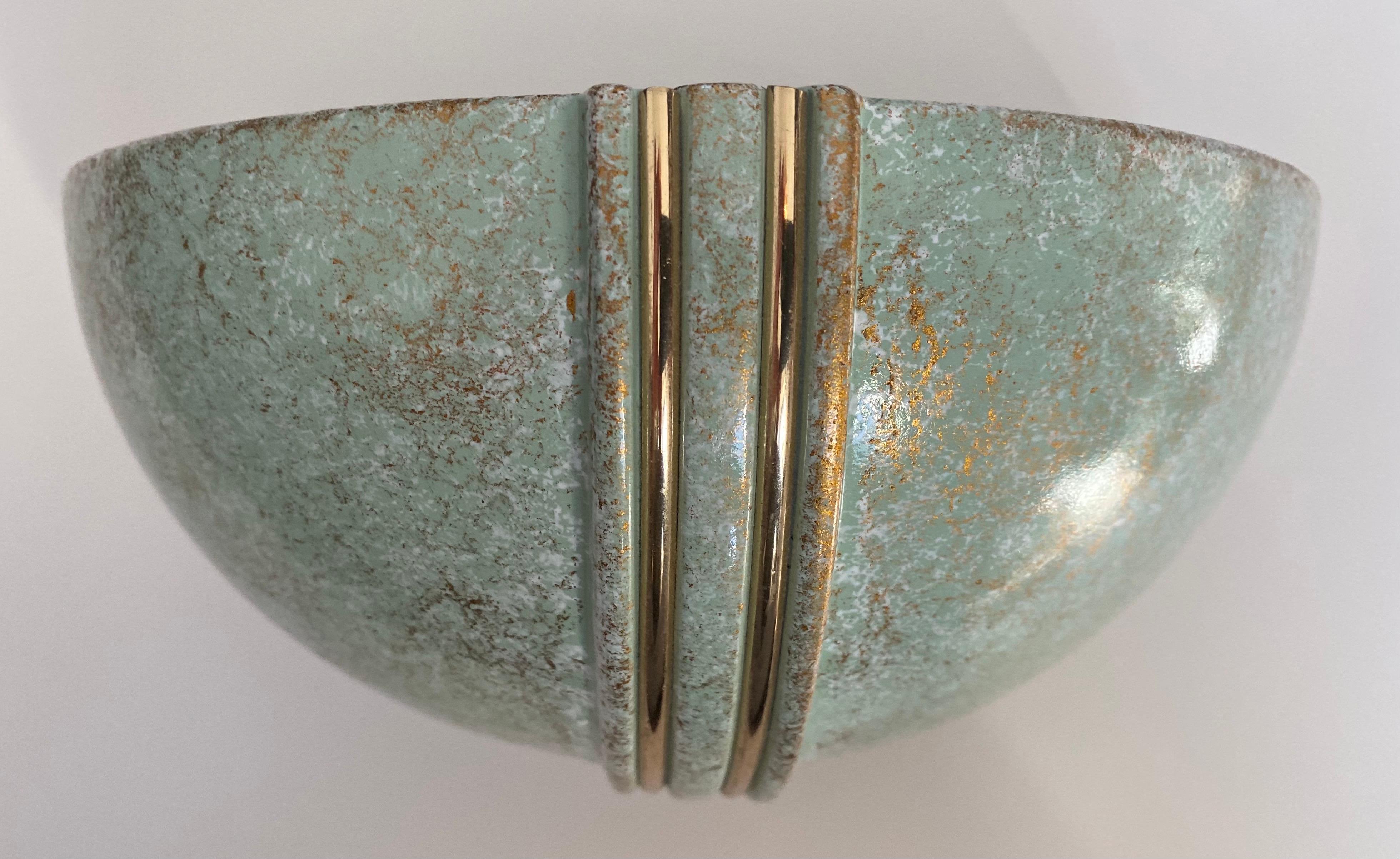 Paar französische Demilune-Wandleuchten aus Keramik, 1980er Jahre, Verdigris, Demilune im Angebot 7