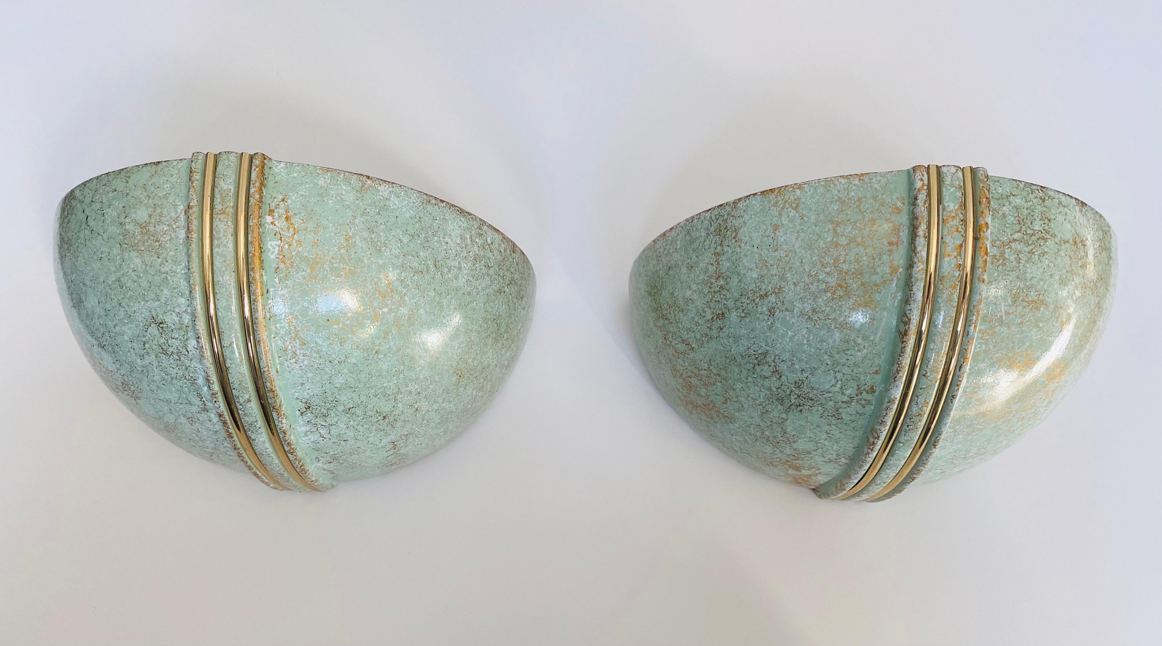 Pair of French 1980s Ceramic Verdigris Demilune Wall Lights Uplight Sconces 9