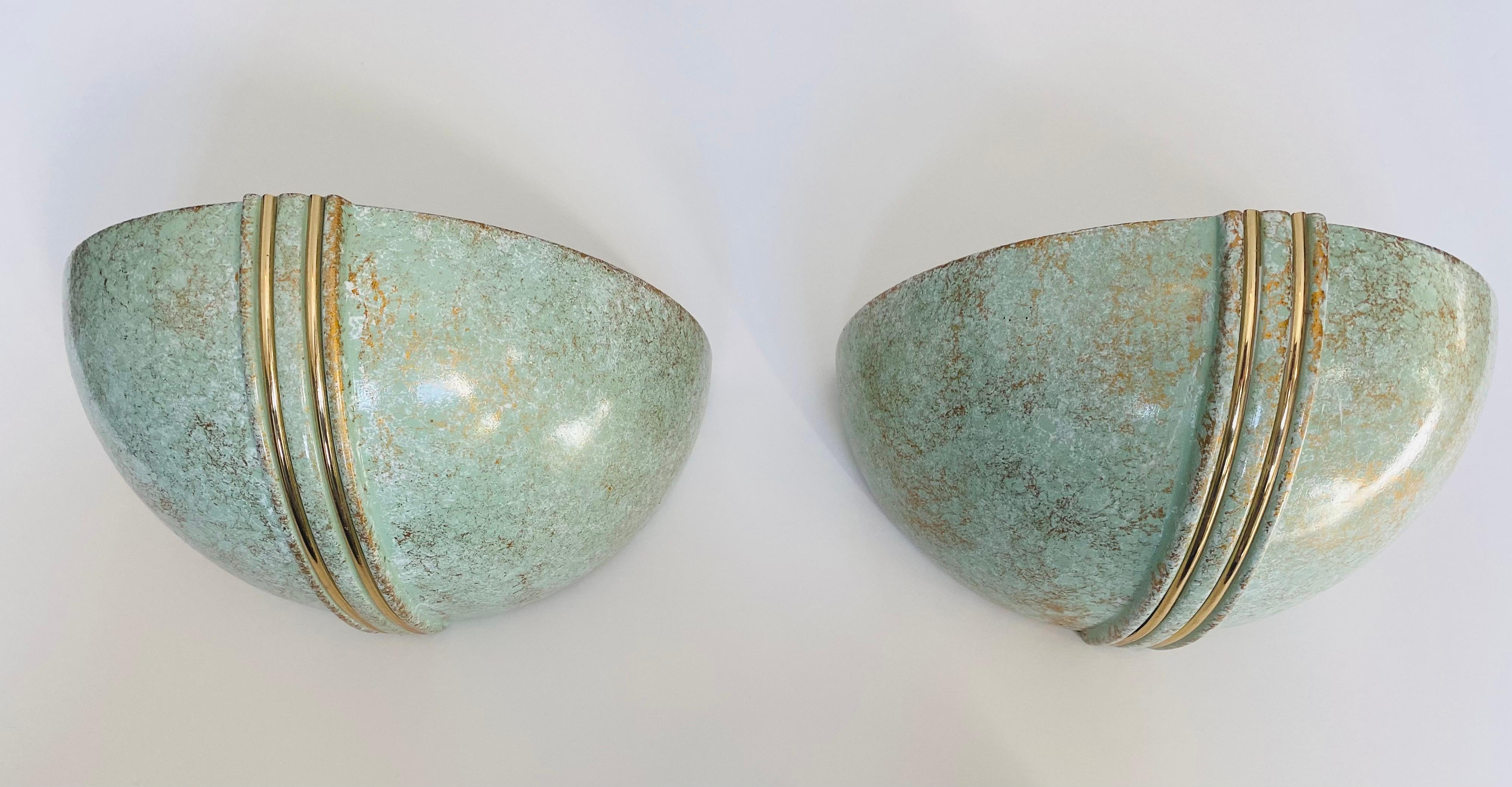 Pair of French 1980s Ceramic Verdigris Demilune Wall Lights Uplight Sconces For Sale 11