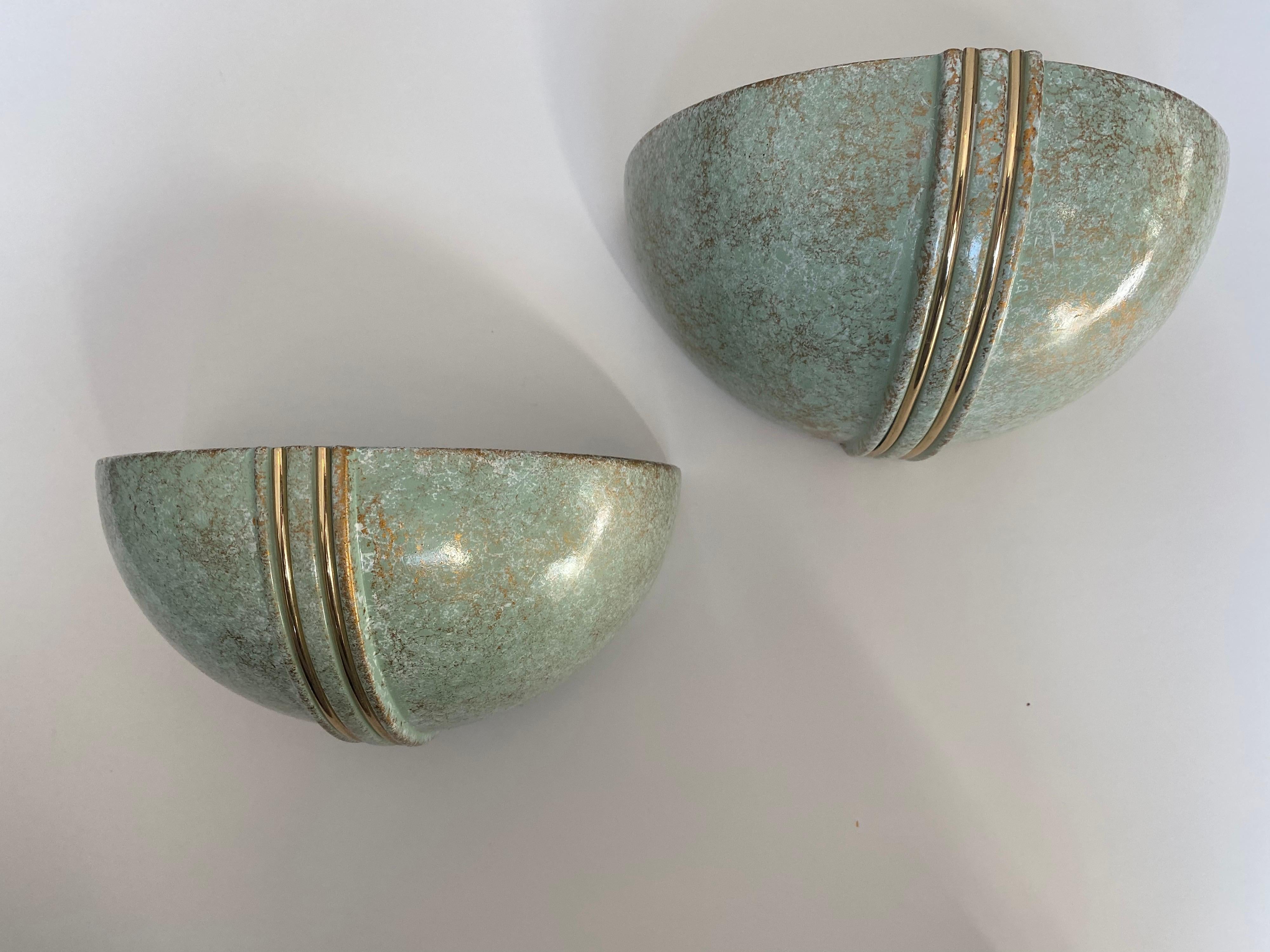 Pair of French 1980s Ceramic Verdigris Demilune Wall Lights Uplight Sconces 13