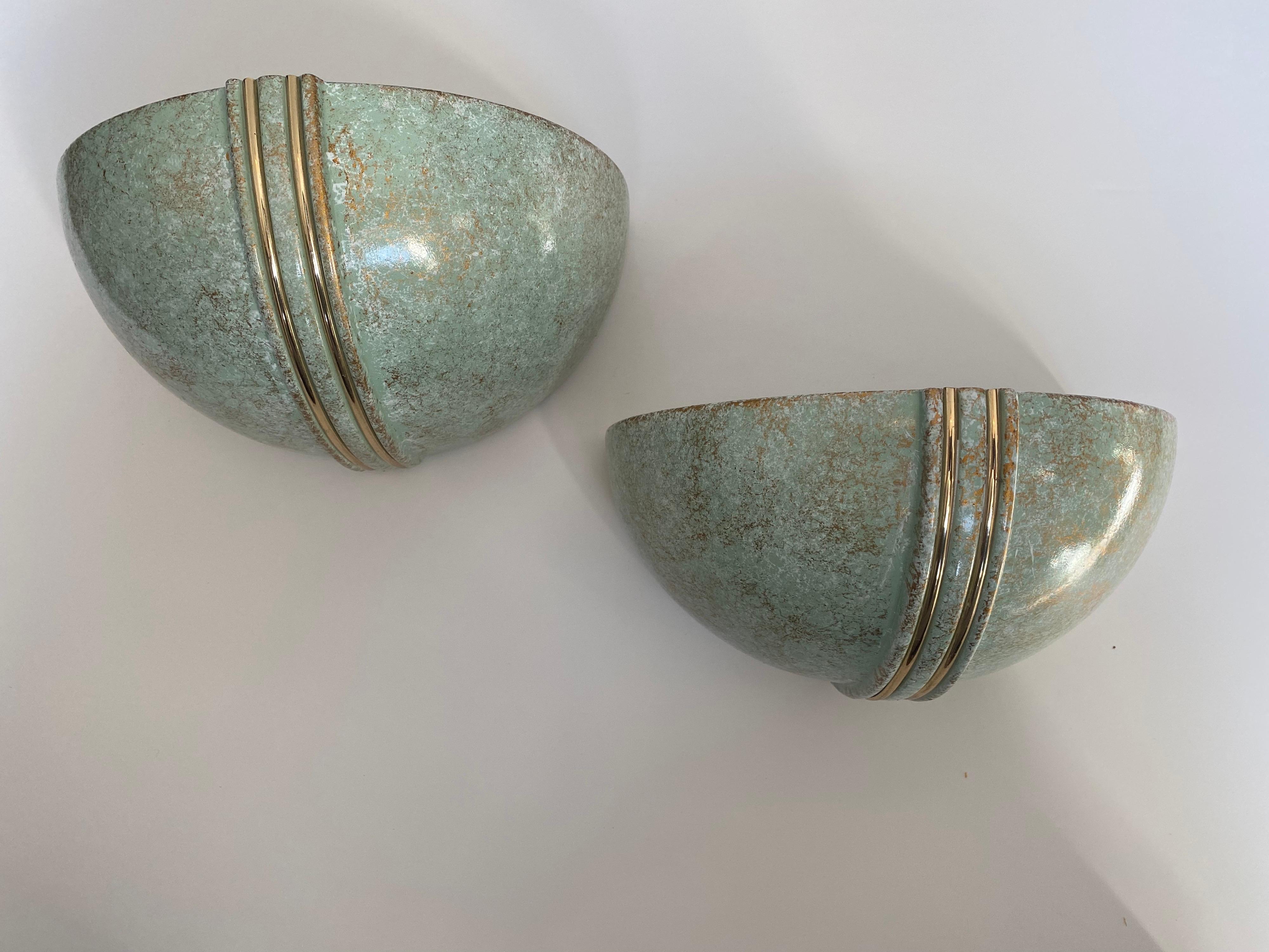Post-Modern Pair of French 1980s Ceramic Verdigris Demilune Wall Lights Uplight Sconces For Sale