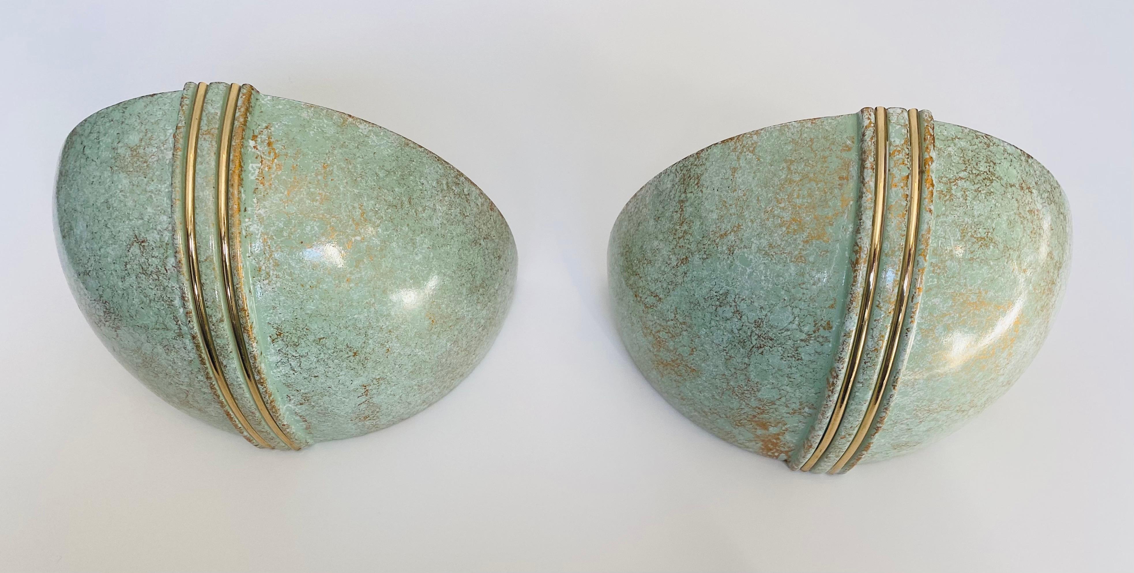 Pair of French 1980s Ceramic Verdigris Demilune Wall Lights Uplight Sconces For Sale 2