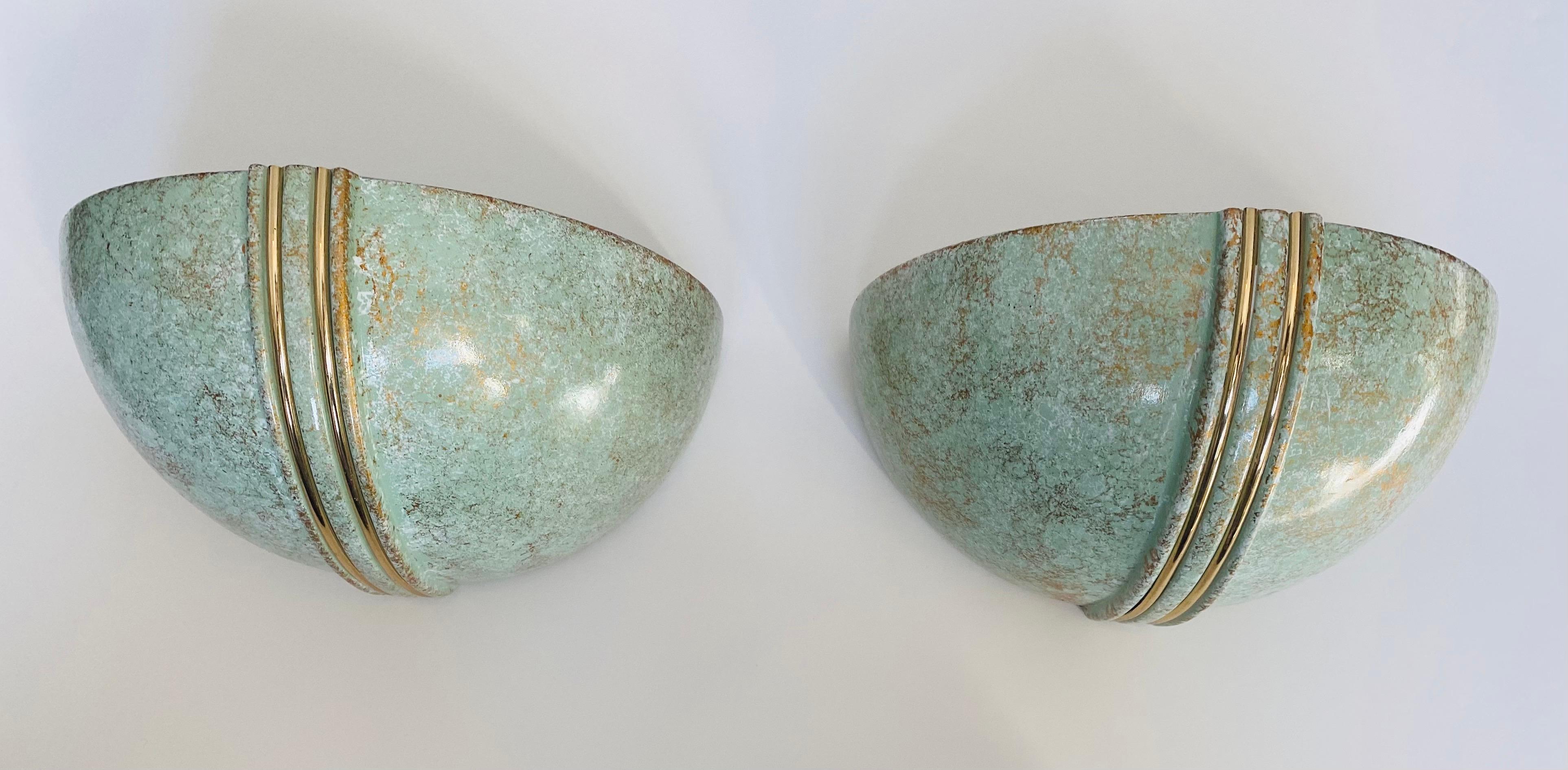 Pair of French 1980s Ceramic Verdigris Demilune Wall Lights Uplight Sconces For Sale 3