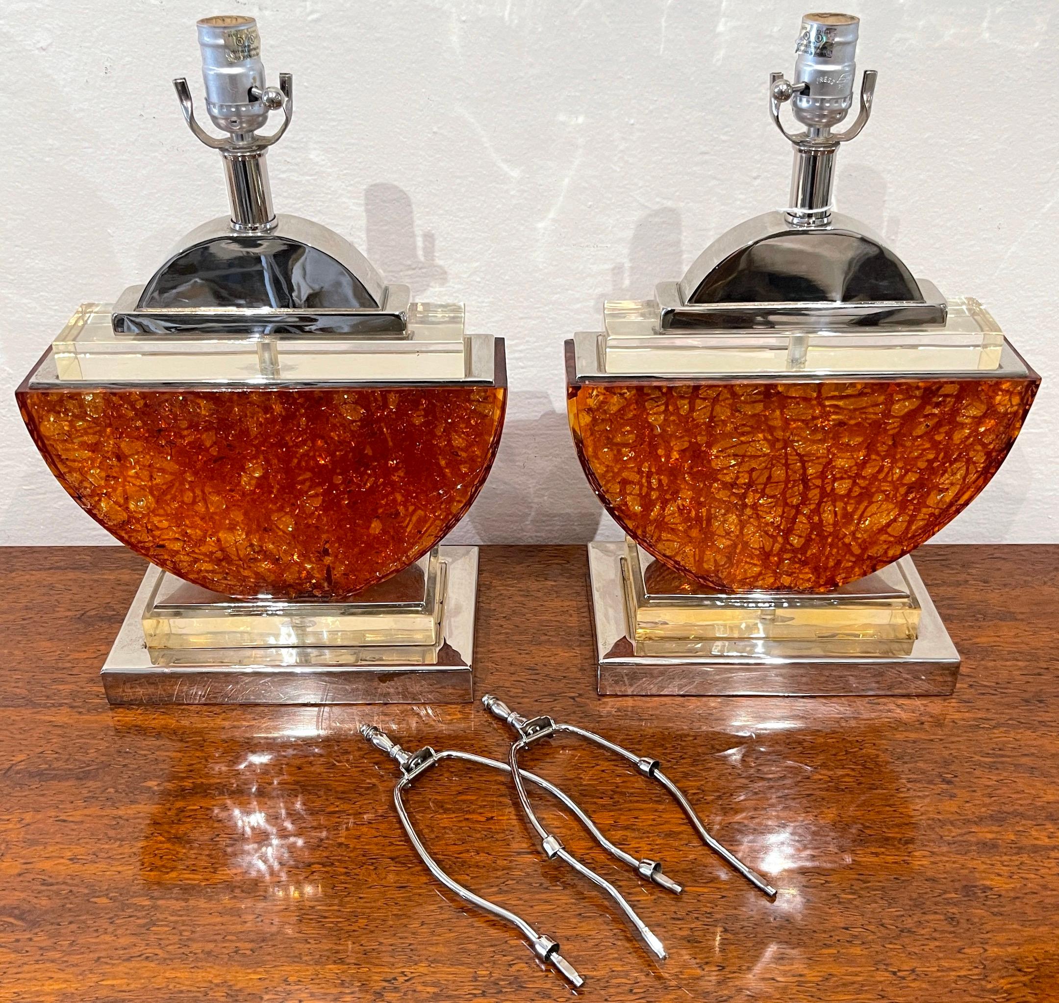 Pair of French 1980s Silver-Plated Bronze & Orange Lucite Half-Moon Table Lamps  For Sale 5