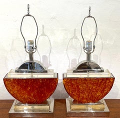 Pair of French 1980s Silver-Plated Bronze & Orange Lucite Half-Moon Table Lamps
