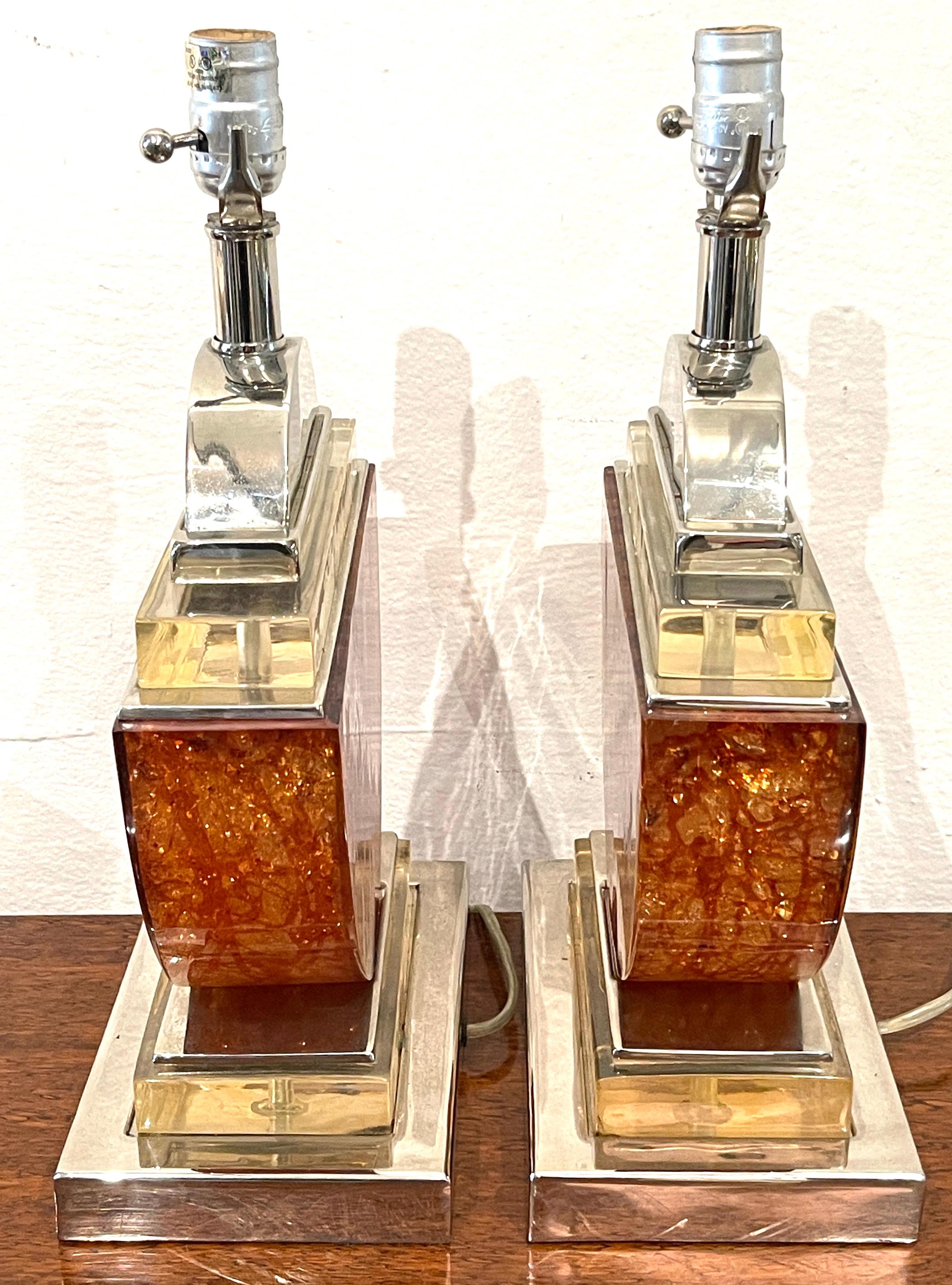 Mid-Century Modern Pair of French 1980s Silver-Plated Bronze & Orange Lucite Half-Moon Table Lamps  For Sale