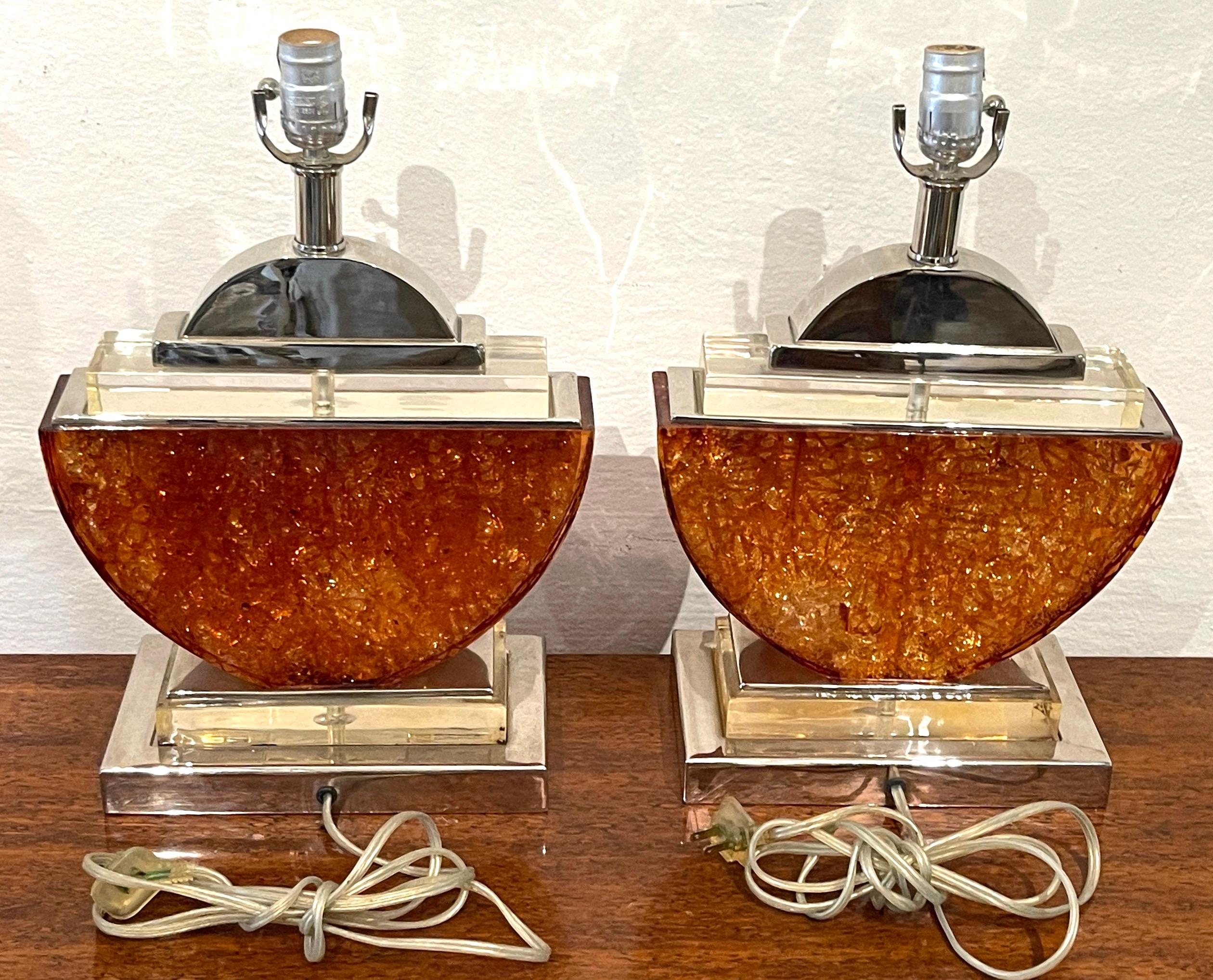 Silvered Pair of French 1980s Silver-Plated Bronze & Orange Lucite Half-Moon Table Lamps  For Sale
