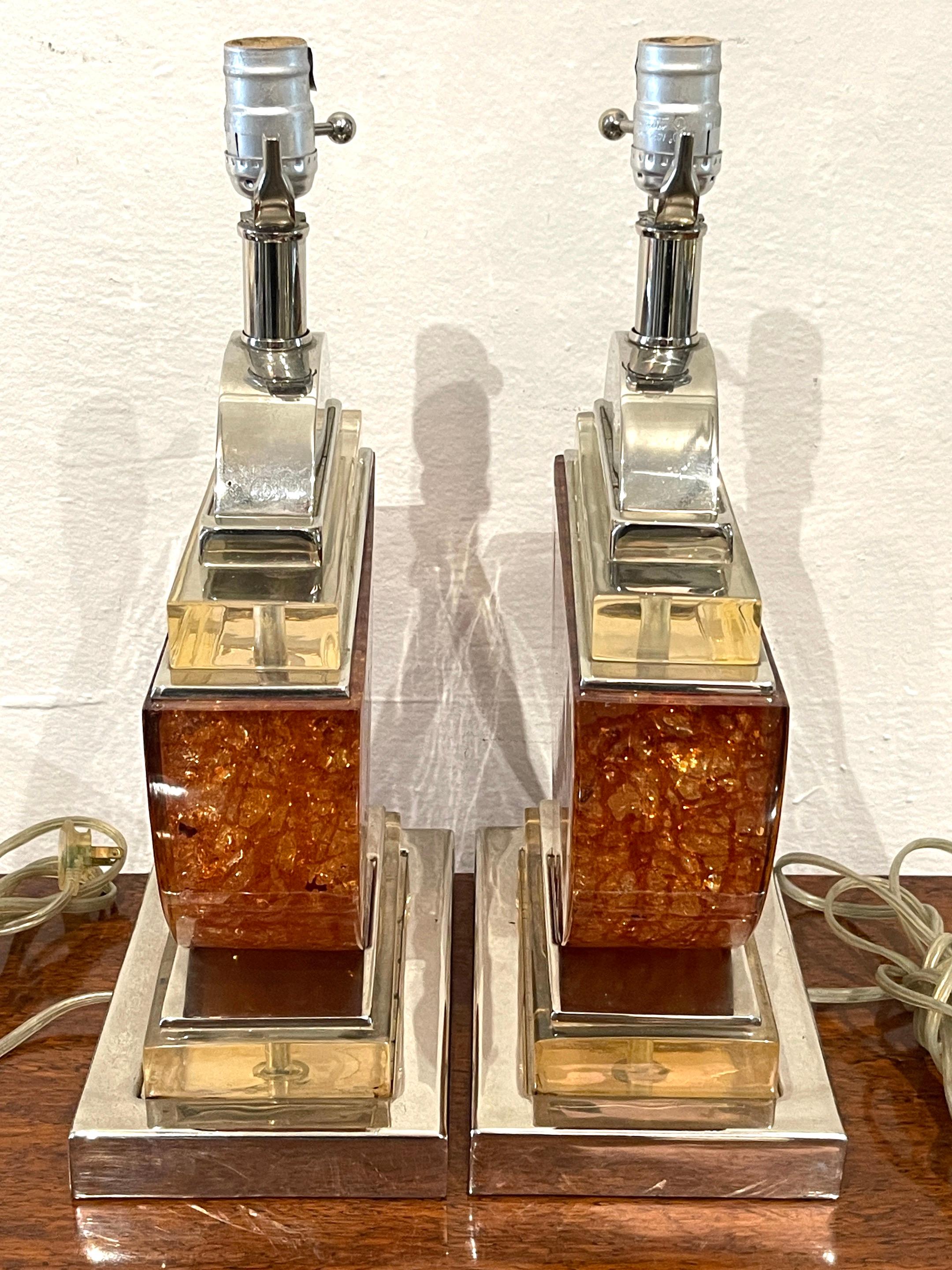 Pair of French 1980s Silver-Plated Bronze & Orange Lucite Half-Moon Table Lamps  In Good Condition For Sale In West Palm Beach, FL