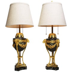 Pair of French 19th-20th Century Gilt-Bronze ‘Ormolu’ Mounted Urn Figural Lamps