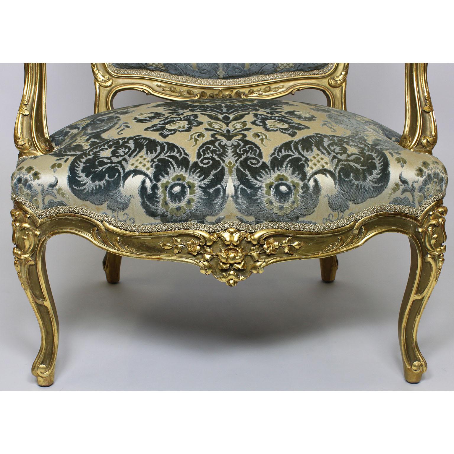 Pair of French 19th-20th Century Louis XV Style Giltwood Carved Rococo Armchairs 5