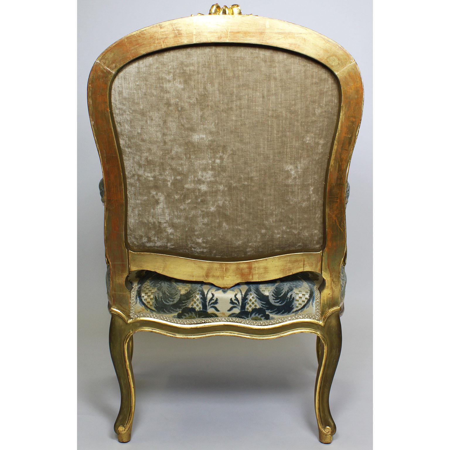 Pair of French 19th-20th Century Louis XV Style Giltwood Carved Rococo Armchairs 6