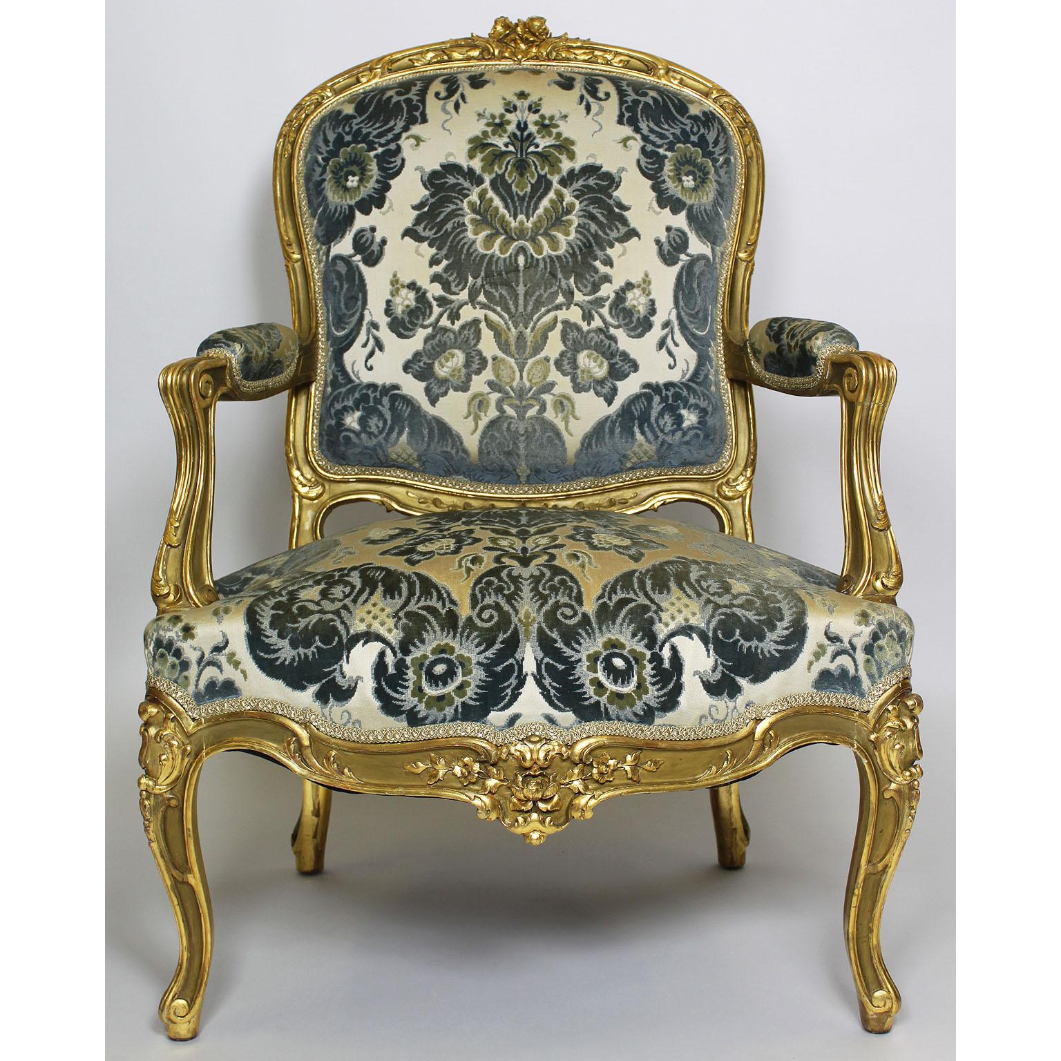 Pair of French 19th-20th Century Louis XV Style Giltwood Carved Rococo Armchairs In Good Condition In Los Angeles, CA