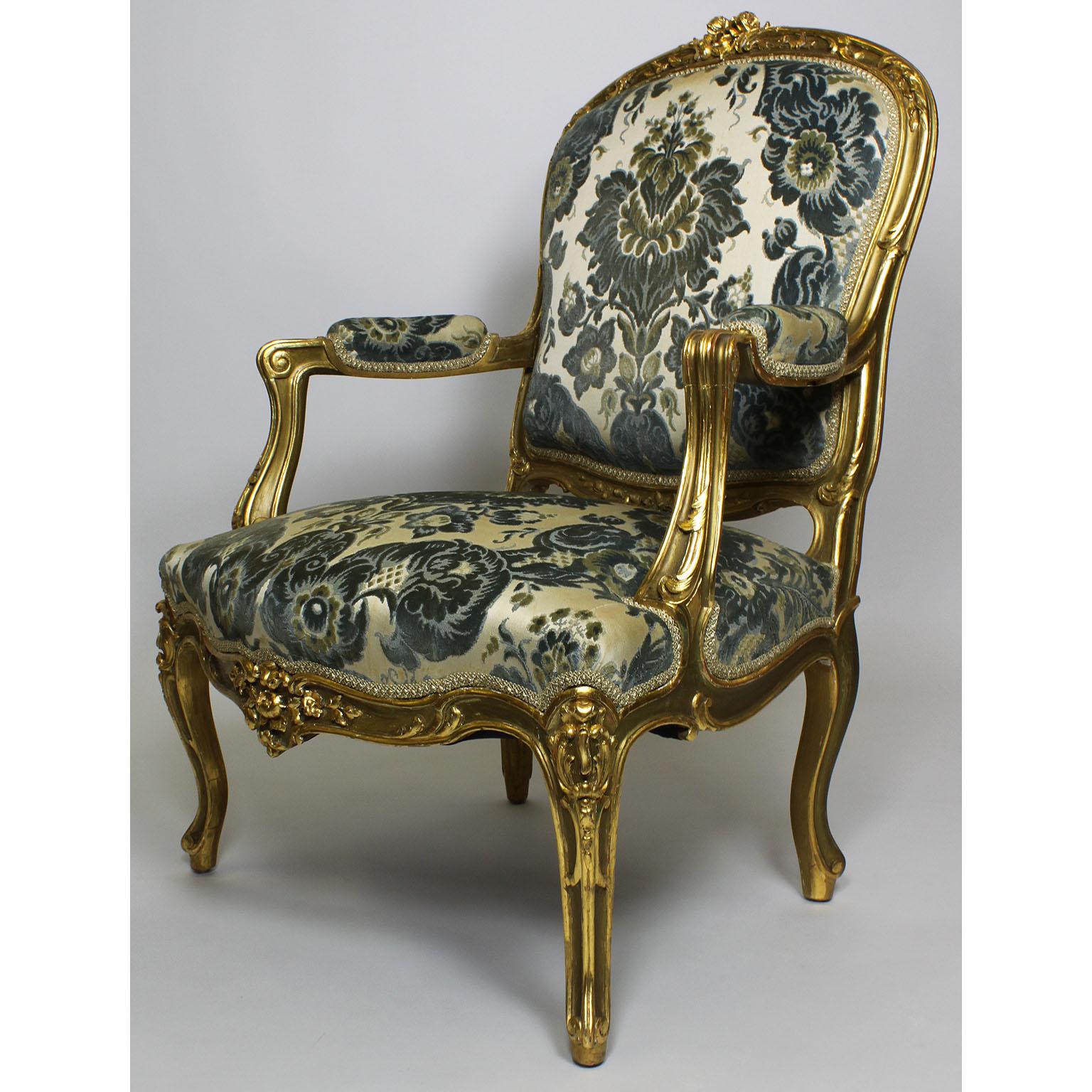 Early 20th Century Pair of French 19th-20th Century Louis XV Style Giltwood Carved Rococo Armchairs