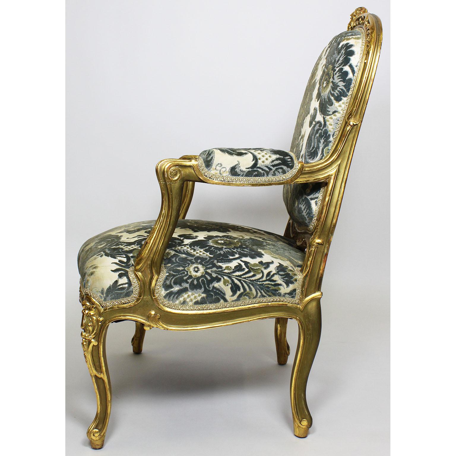 Damask Pair of French 19th-20th Century Louis XV Style Giltwood Carved Rococo Armchairs