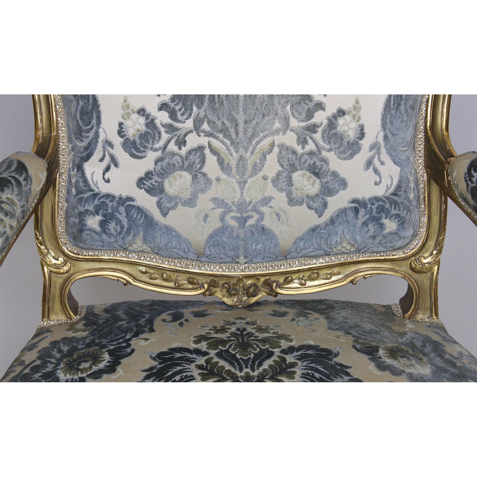 Pair of French 19th-20th Century Louis XV Style Giltwood Carved Rococo Armchairs 4