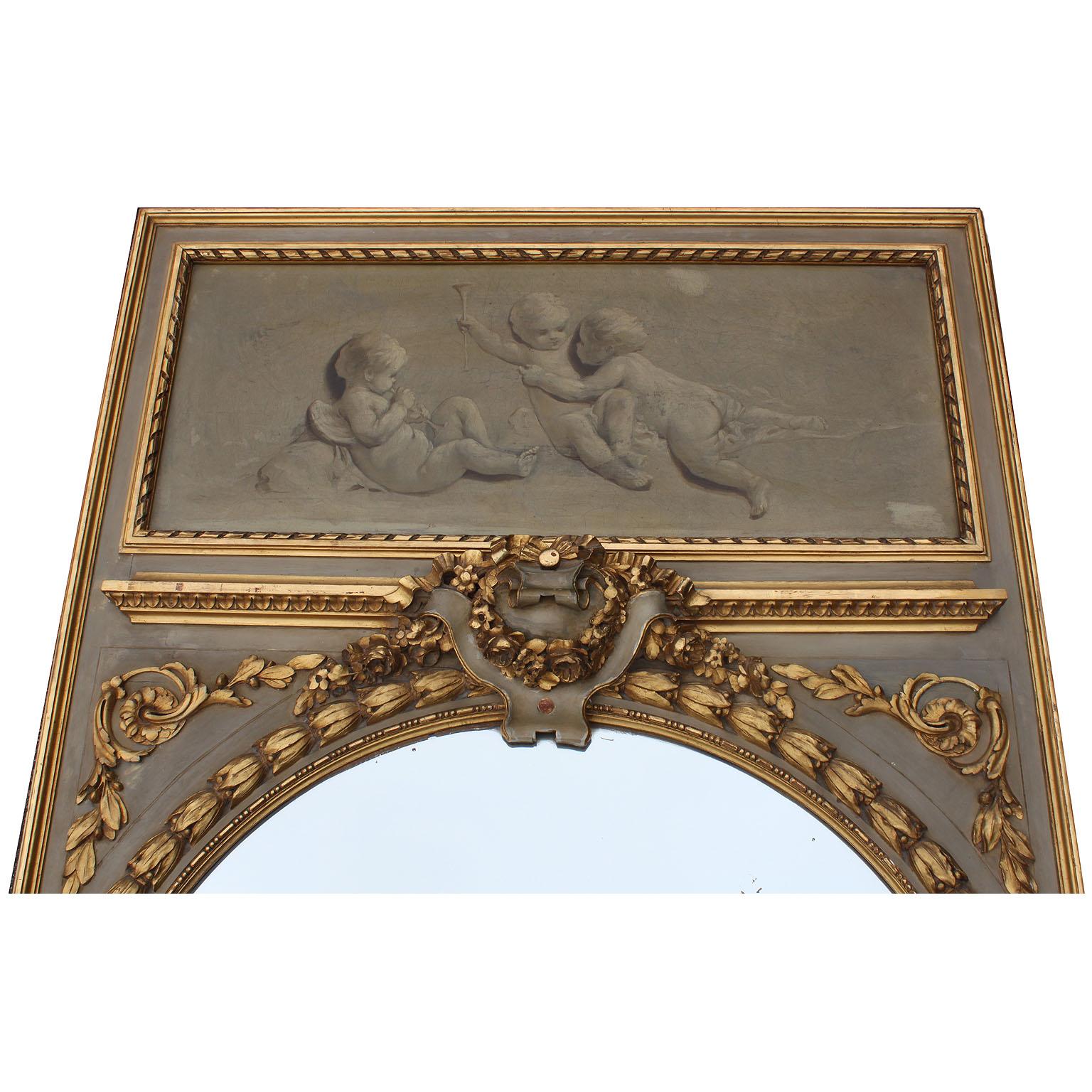 Pair of French 19th-20th Century Louis XV Style Giltwood Carved Trumeau Mirrors In Fair Condition For Sale In Los Angeles, CA