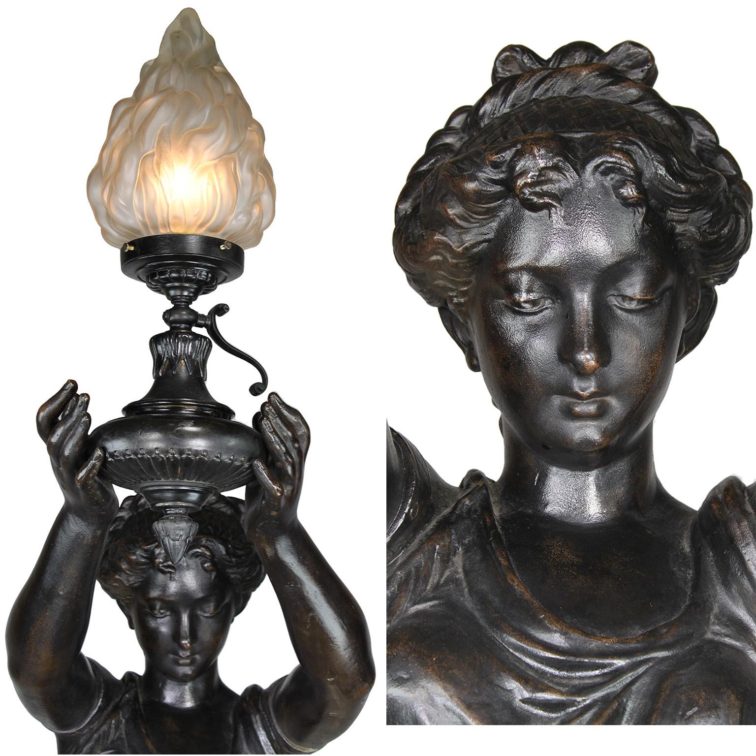 Pair of French 19th-20th Century Neoclassical Style Cast Iron Figural Torchères For Sale 1