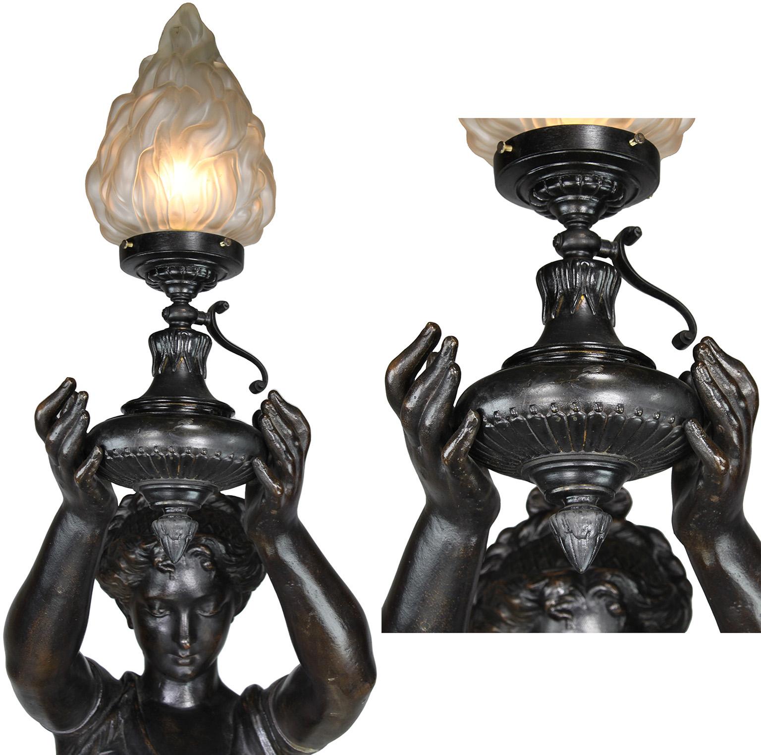 Blown Glass Pair of French 19th-20th Century Neoclassical Style Cast Iron Figural Torchères For Sale