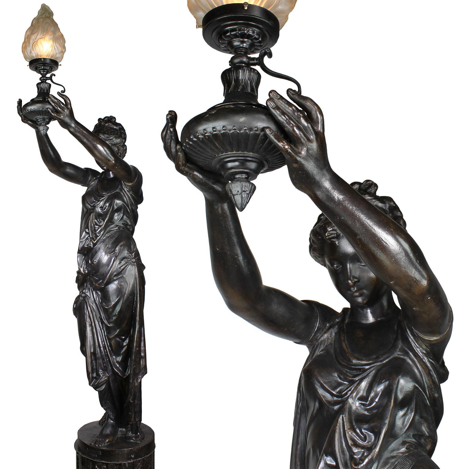 Neoclassical Revival Pair of French 19th-20th Century Neoclassical Style Cast Iron Figural Torchères For Sale