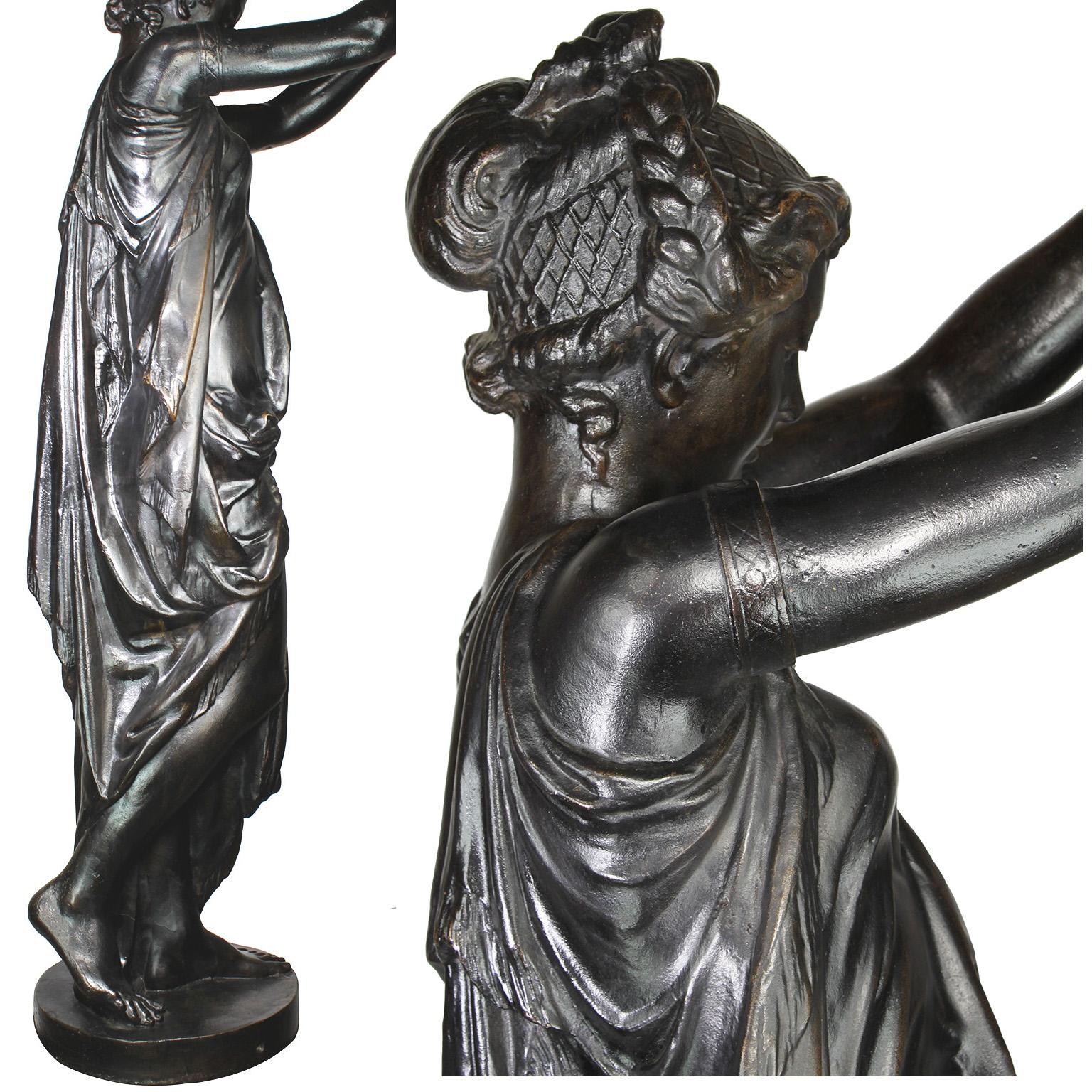 Pair of French 19th-20th Century Neoclassical Style Cast Iron Figural Torchères For Sale 3