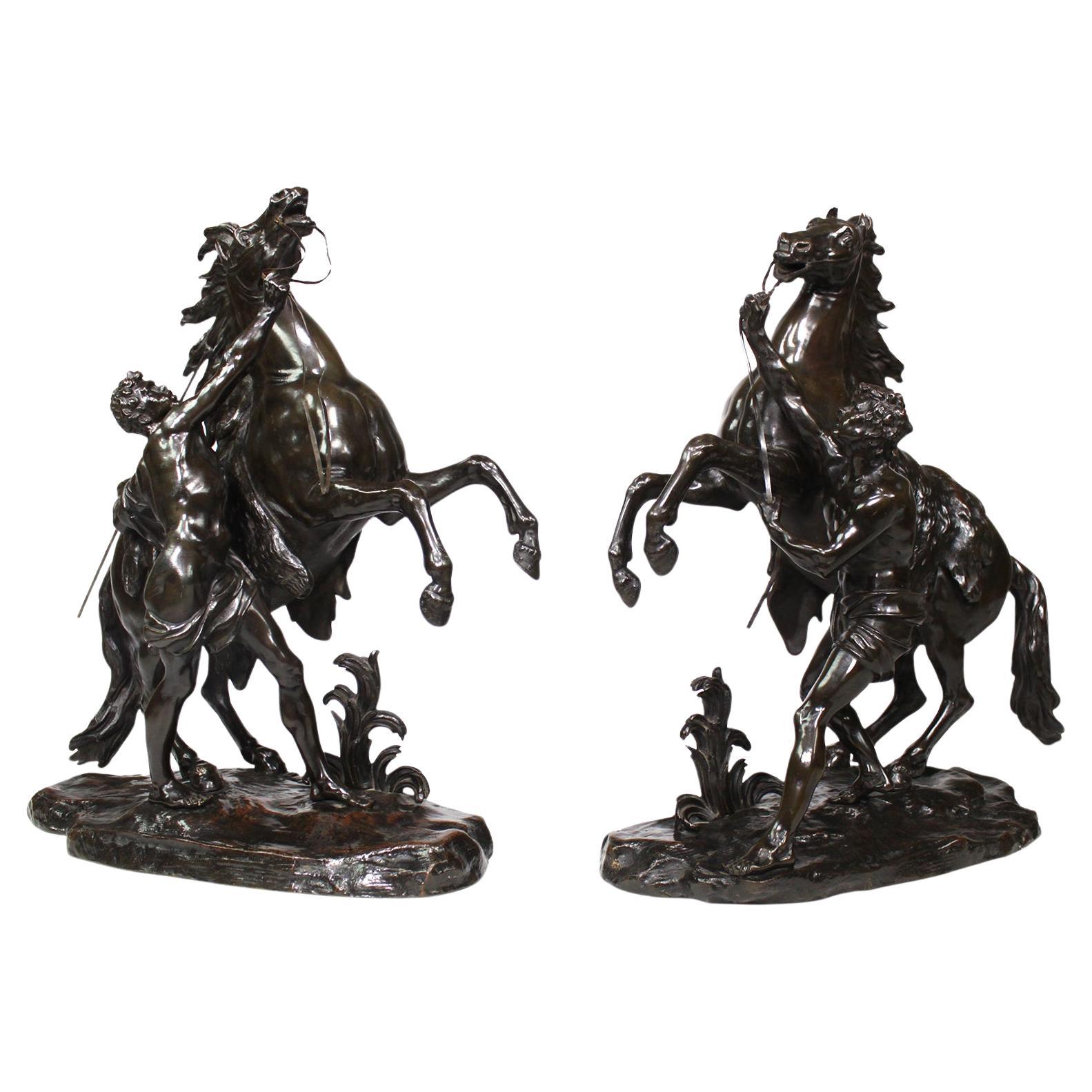 Coppia di sculture francesi in bronzo patinato del XIX/XX secolo "I cavalli di Marli"