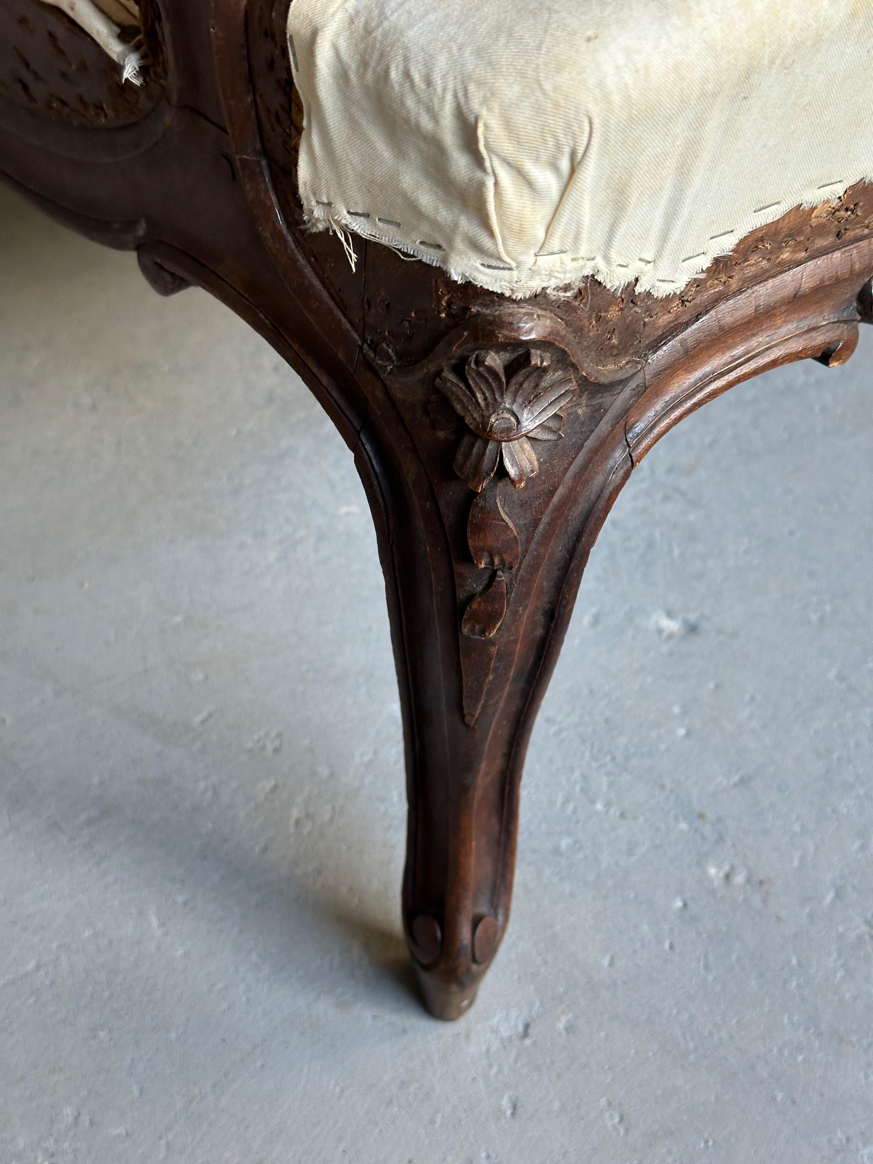  Pair of French 19th C. Armchairs with Carved Fruitwood Frames For Sale 4