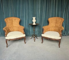 Pair of French 19th C. Armchairs with Carved Fruitwood Frames