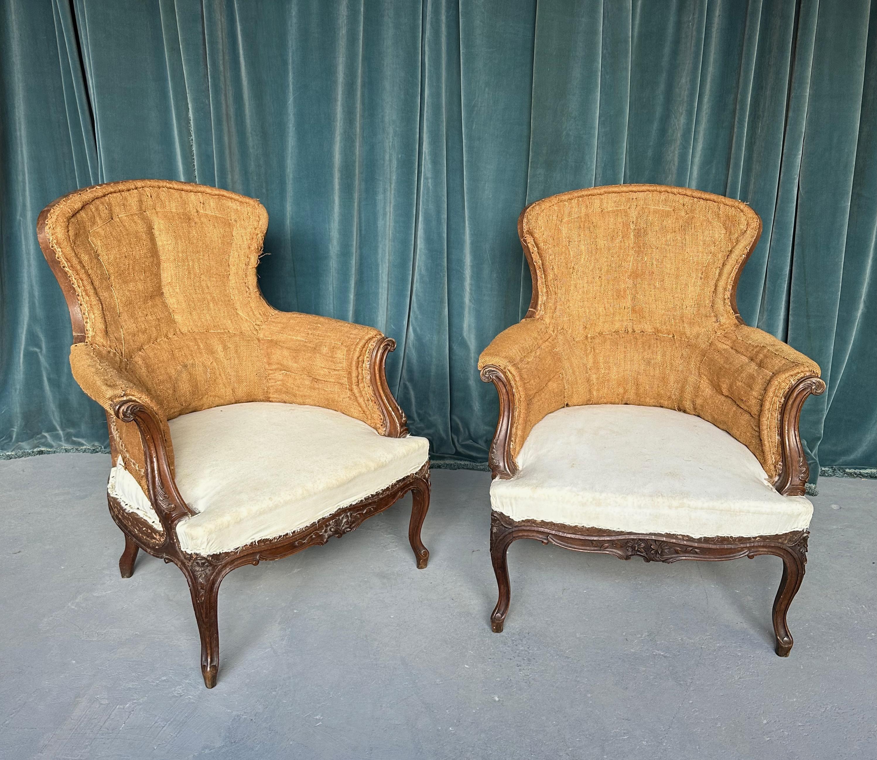 Napoleon III  Pair of French 19th C. Armchairs with Carved Fruitwood Frames For Sale