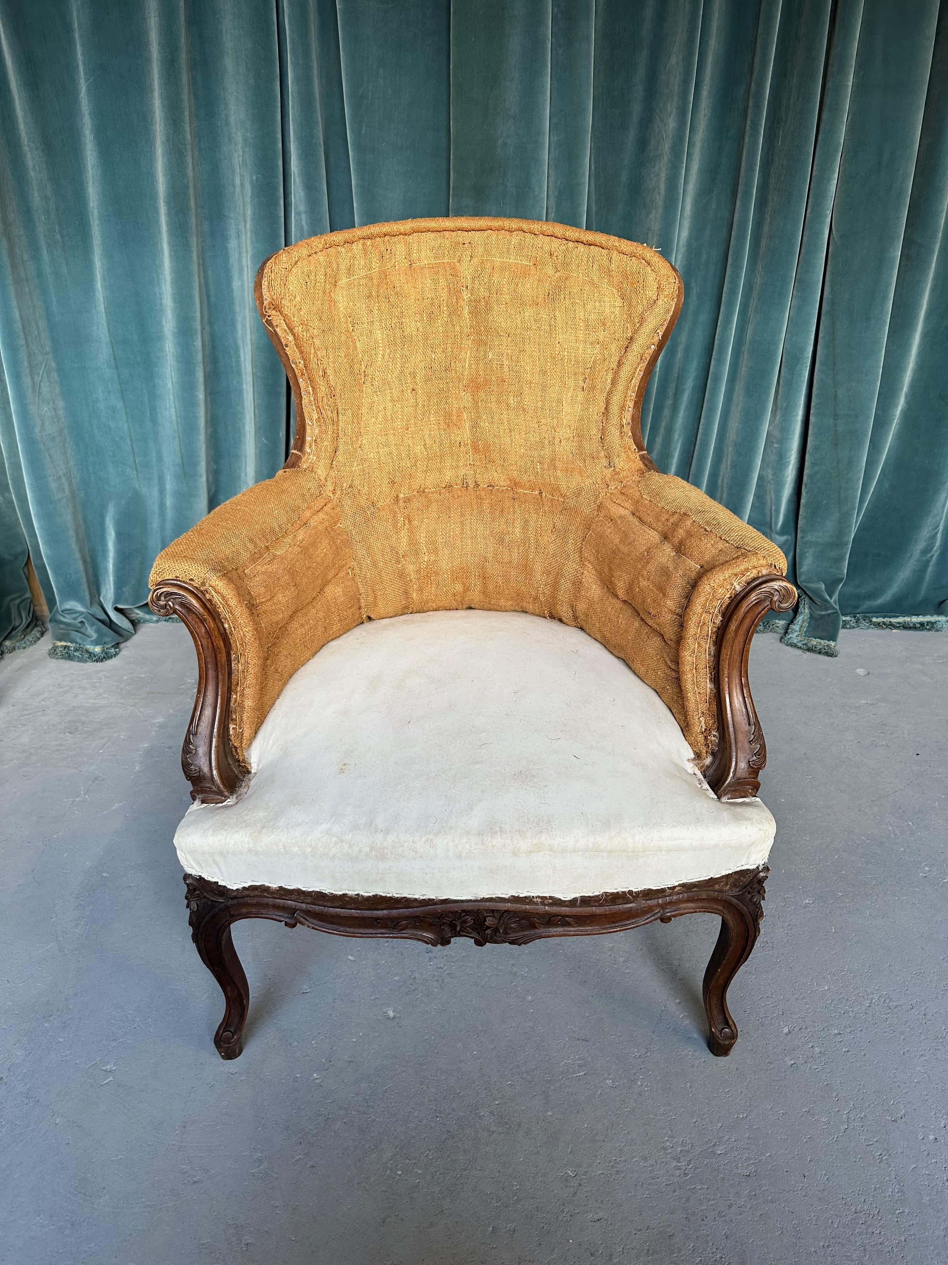  Pair of French 19th C. Armchairs with Carved Fruitwood Frames In Good Condition For Sale In Buchanan, NY