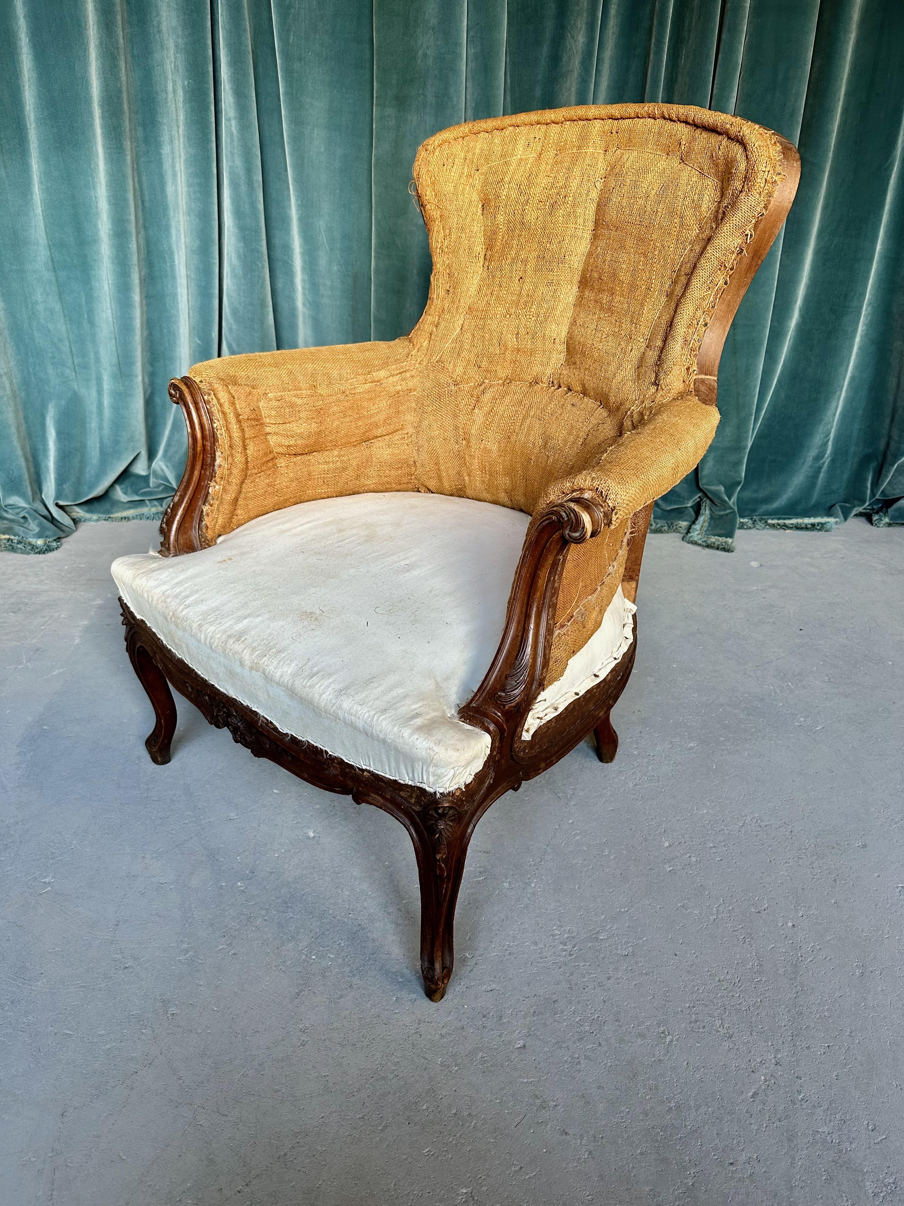 Fabric  Pair of French 19th C. Armchairs with Carved Fruitwood Frames For Sale
