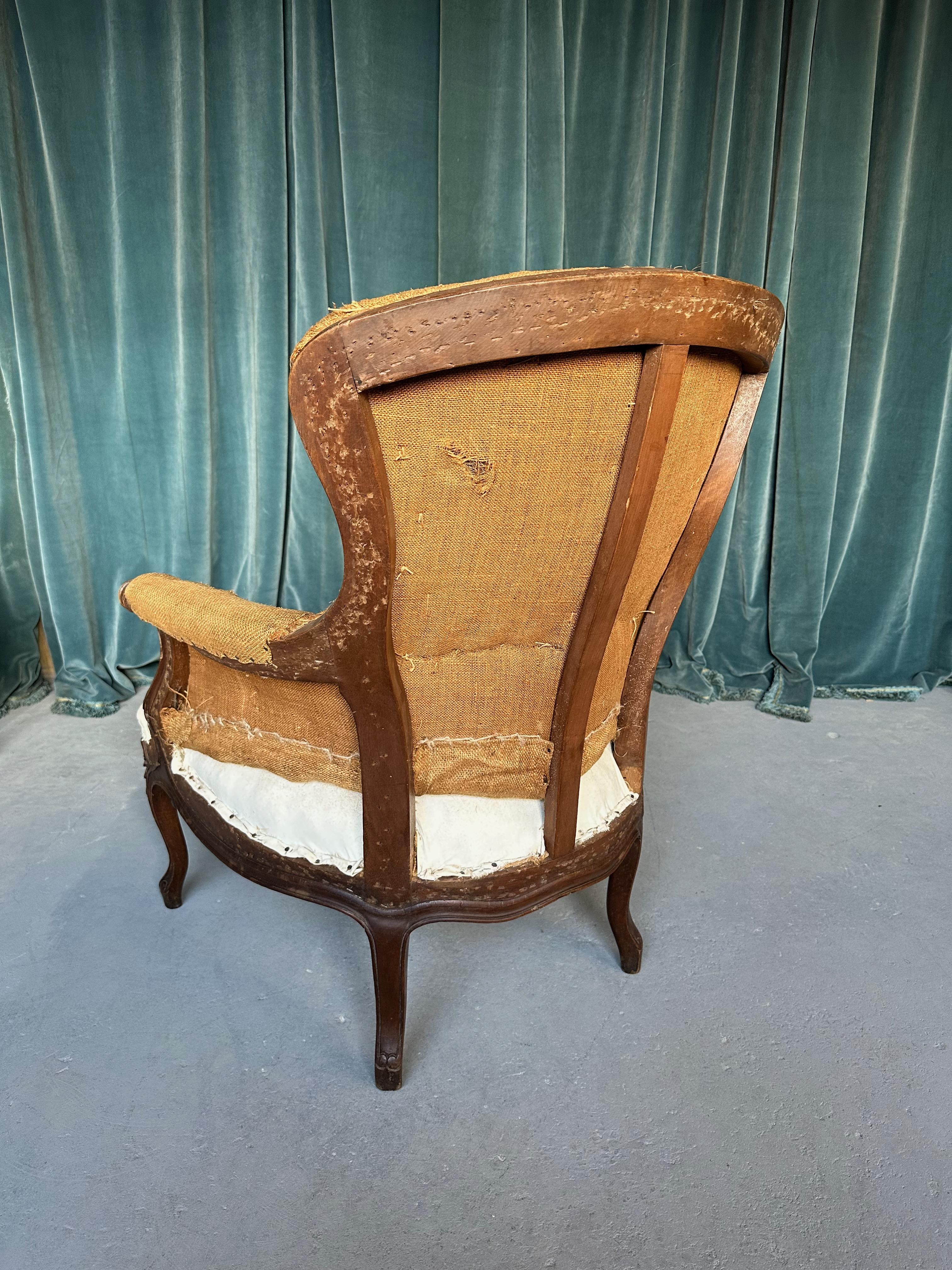  Pair of French 19th C. Armchairs with Carved Fruitwood Frames For Sale 1
