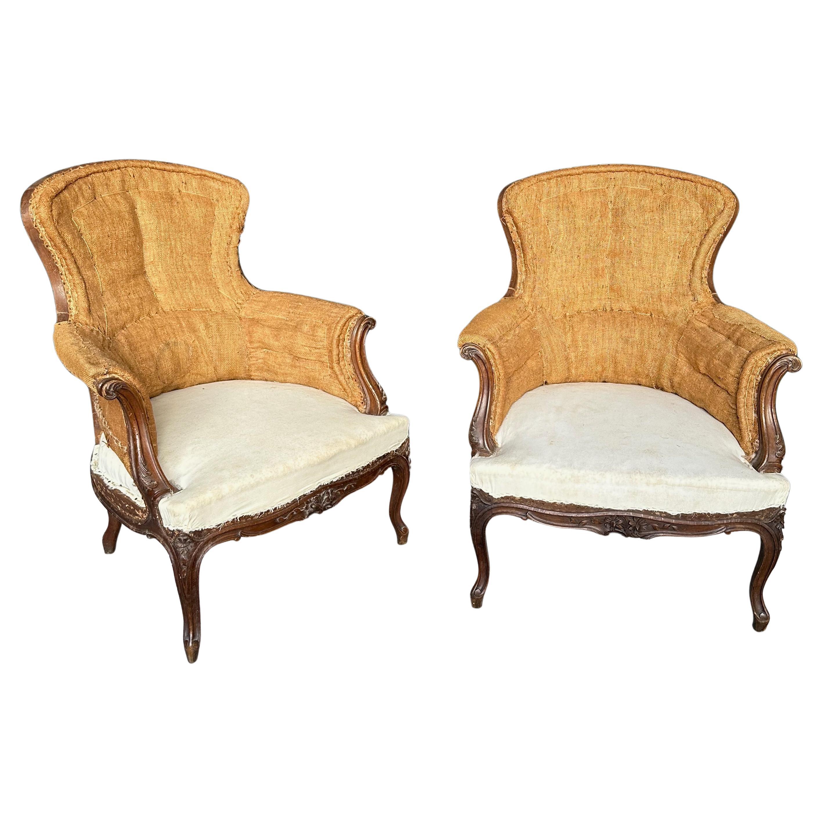  Pair of French 19th C. Armchairs with Carved Fruitwood Frames For Sale