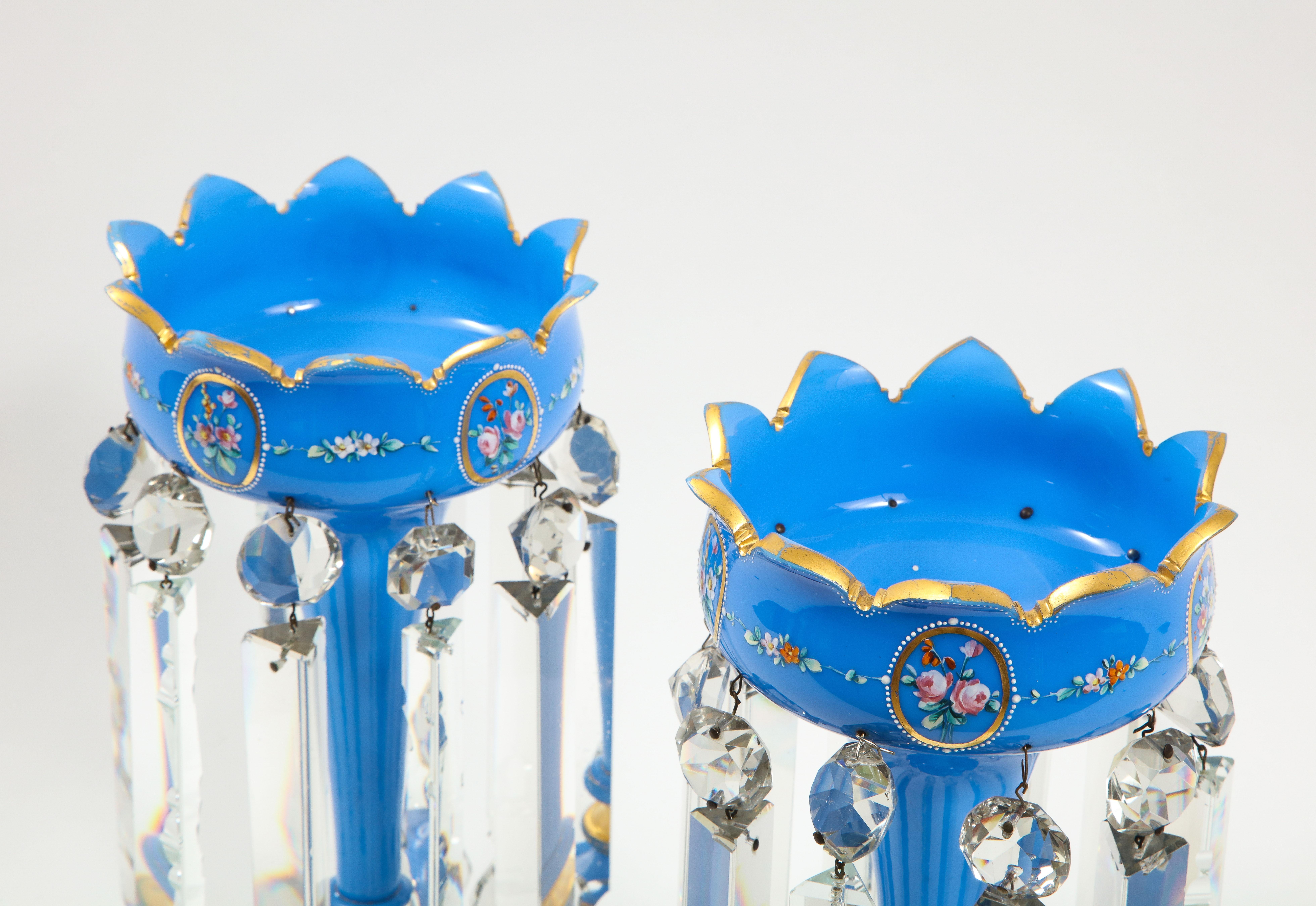 Pair of French 19th C. Blue Opalescent Crystal Tulip Form Lustres W/ Gilt Decor For Sale 4