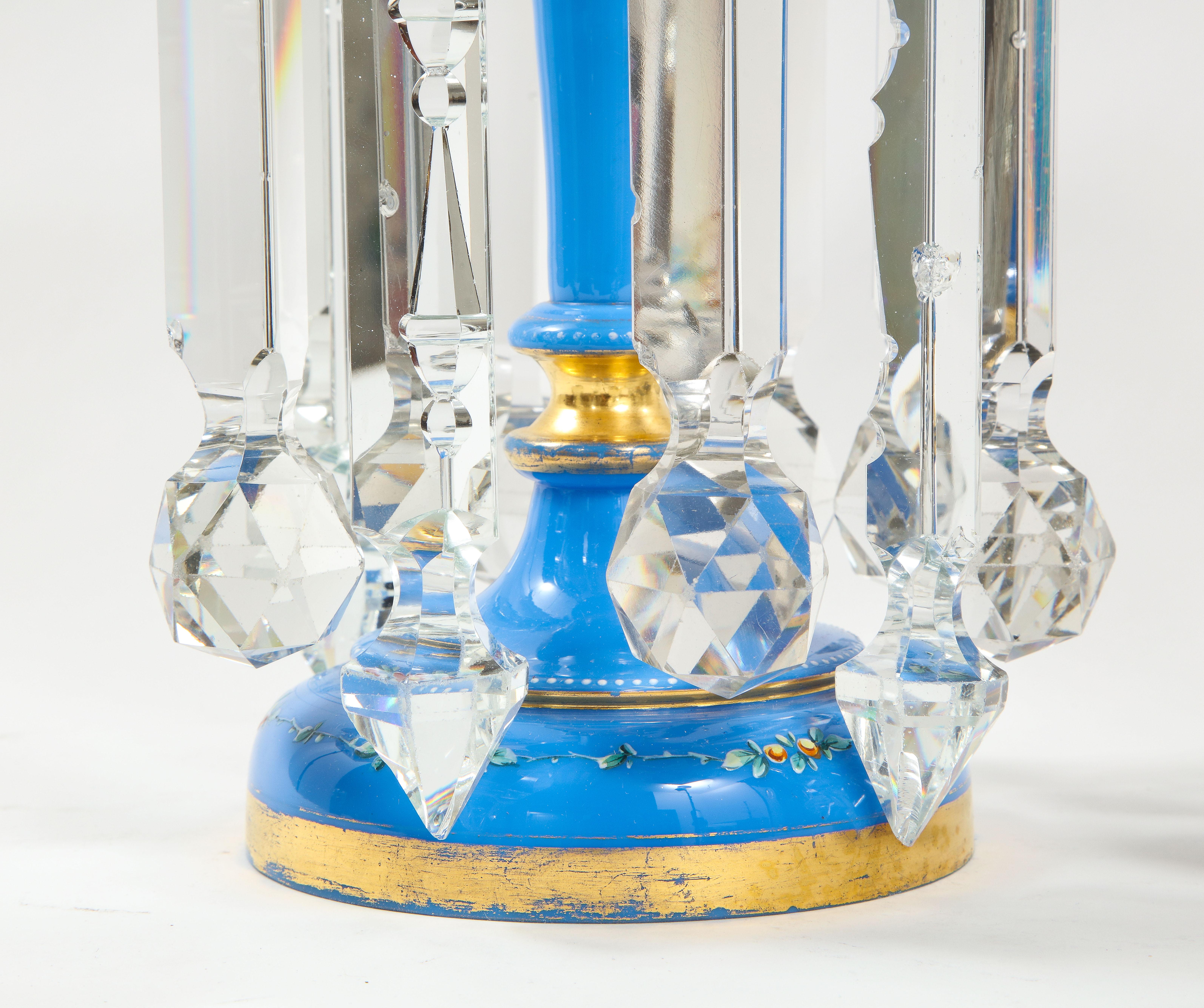 Pair of French 19th C. Blue Opalescent Crystal Tulip Form Lustres W/ Gilt Decor For Sale 8