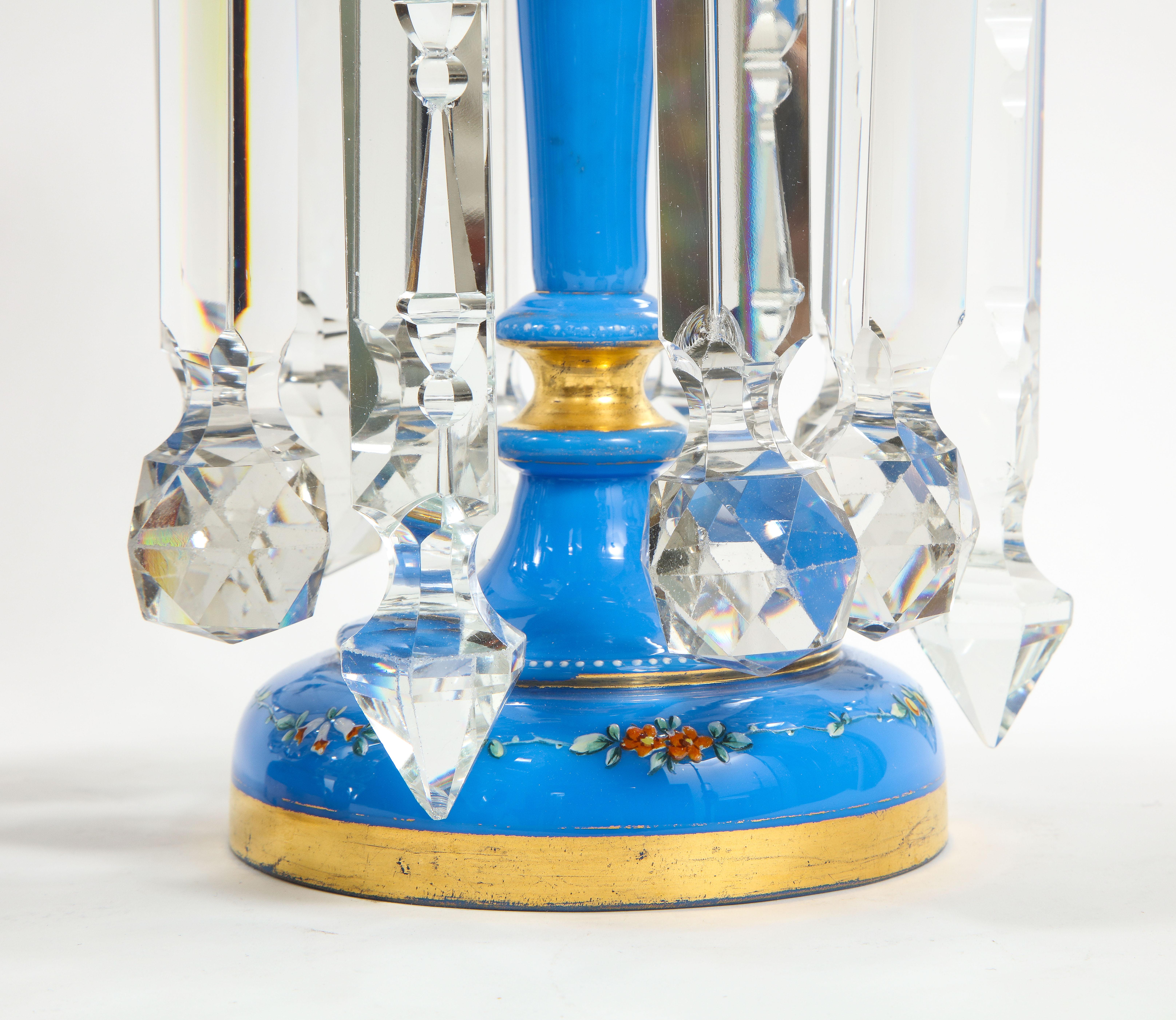 Pair of French 19th C. Blue Opalescent Crystal Tulip Form Lustres W/ Gilt Decor For Sale 9